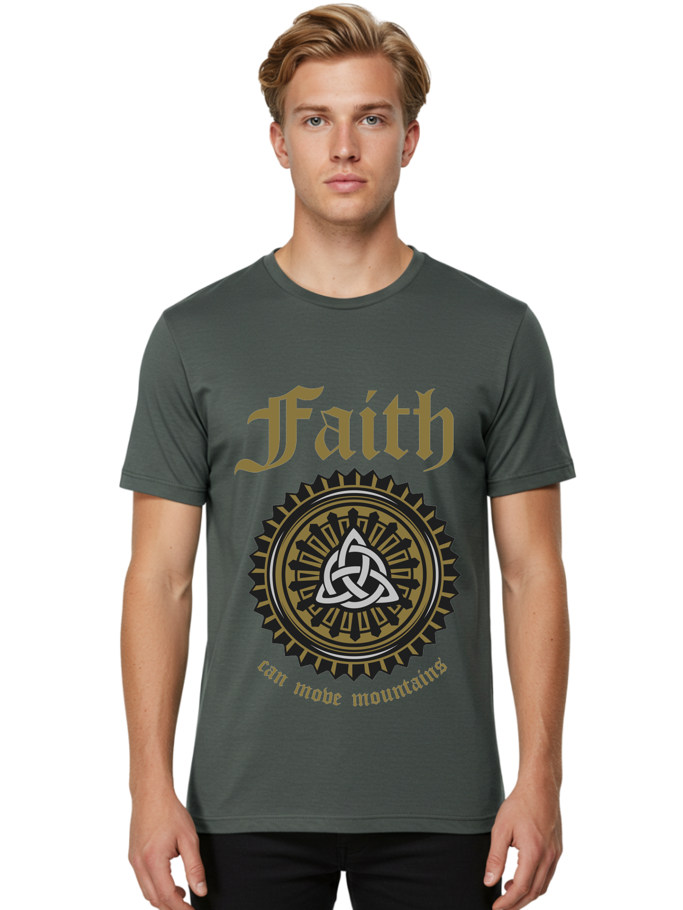 Faith Can Move Mountains Men'S Graphic Tee, 100% Cotton, Comfortable Casual Summer Wear, Machine Washable, Faith Symbol, Celtic Knot Design, Spiritual Emblem, Run Made Manifest, Ancient Celtic Art, Mystical Patterns, Sacred Geometry, Aae270