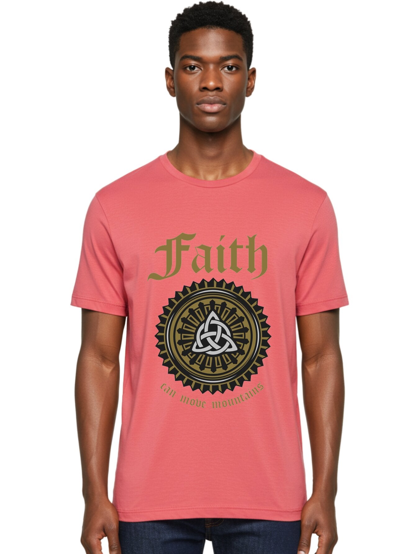 Faith Can Move Mountains Men'S Graphic Tee, 100% Cotton, Comfortable Casual Summer Wear, Machine Washable, Faith Symbol, Celtic Knot Design, Spiritual Emblem, Run Made Manifest, Ancient Celtic Art, Mystical Patterns, Sacred Geometry, Aae270 23