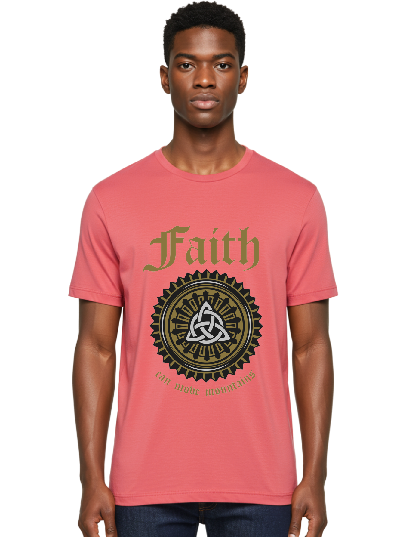 Faith Can Move Mountains Men'S Graphic Tee, 100% Cotton, Comfortable Casual Summer Wear, Machine Washable, Faith Symbol, Celtic Knot Design, Spiritual Emblem, Run Made Manifest, Ancient Celtic Art, Mystical Patterns, Sacred Geometry, Aae270 16