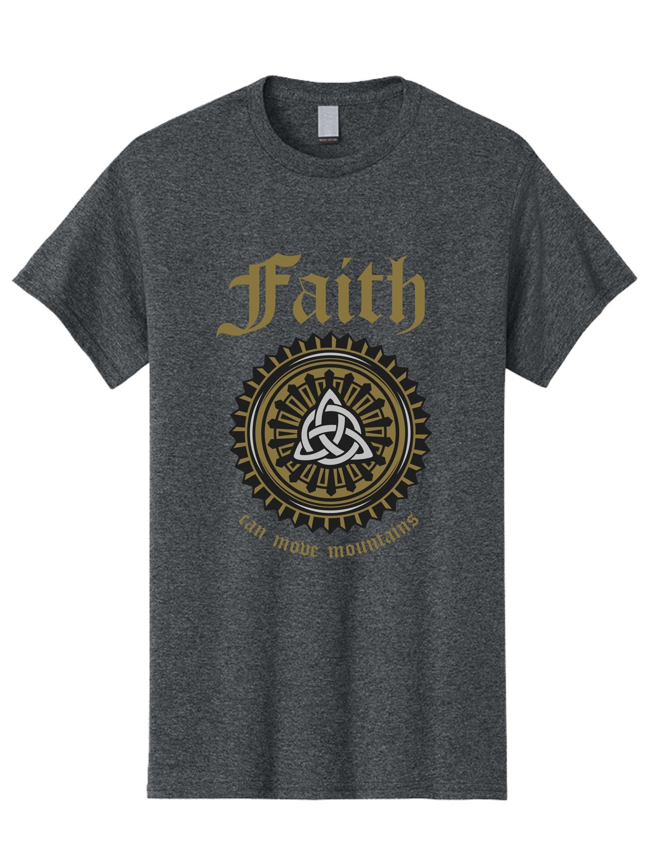 Faith Can Move Mountains Men'S Graphic Tee, 100% Cotton, Comfortable Casual Summer Wear, Machine Washable, Faith Symbol, Celtic Knot Design, Spiritual Emblem, Run Made Manifest, Ancient Celtic Art, Mystical Patterns, Sacred Geometry, Aae270