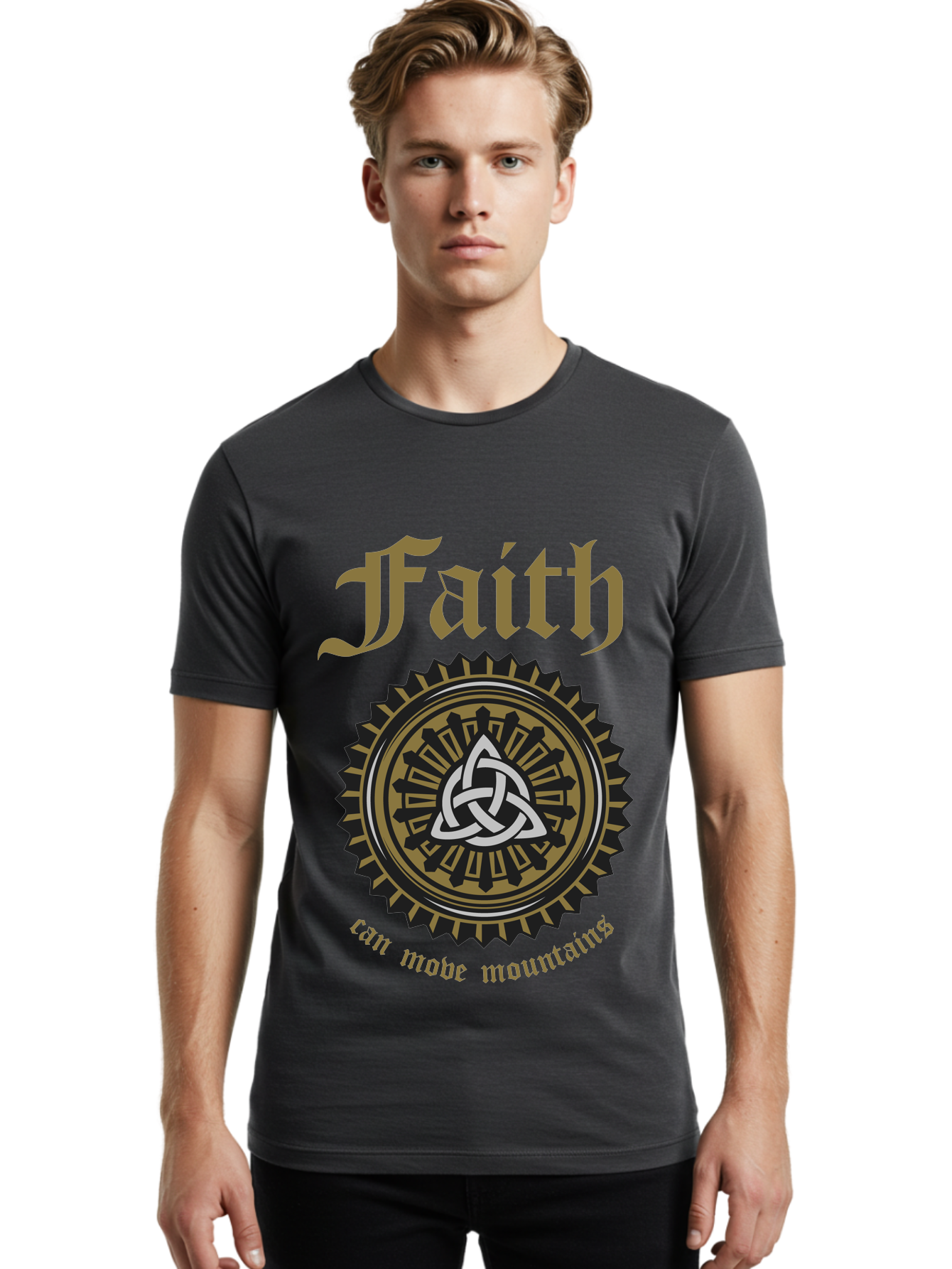 Faith Can Move Mountains Men'S Graphic Tee, 100% Cotton, Comfortable Casual Summer Wear, Machine Washable, Faith Symbol, Celtic Knot Design, Spiritual Emblem, Run Made Manifest, Ancient Celtic Art, Mystical Patterns, Sacred Geometry, Aae270 22