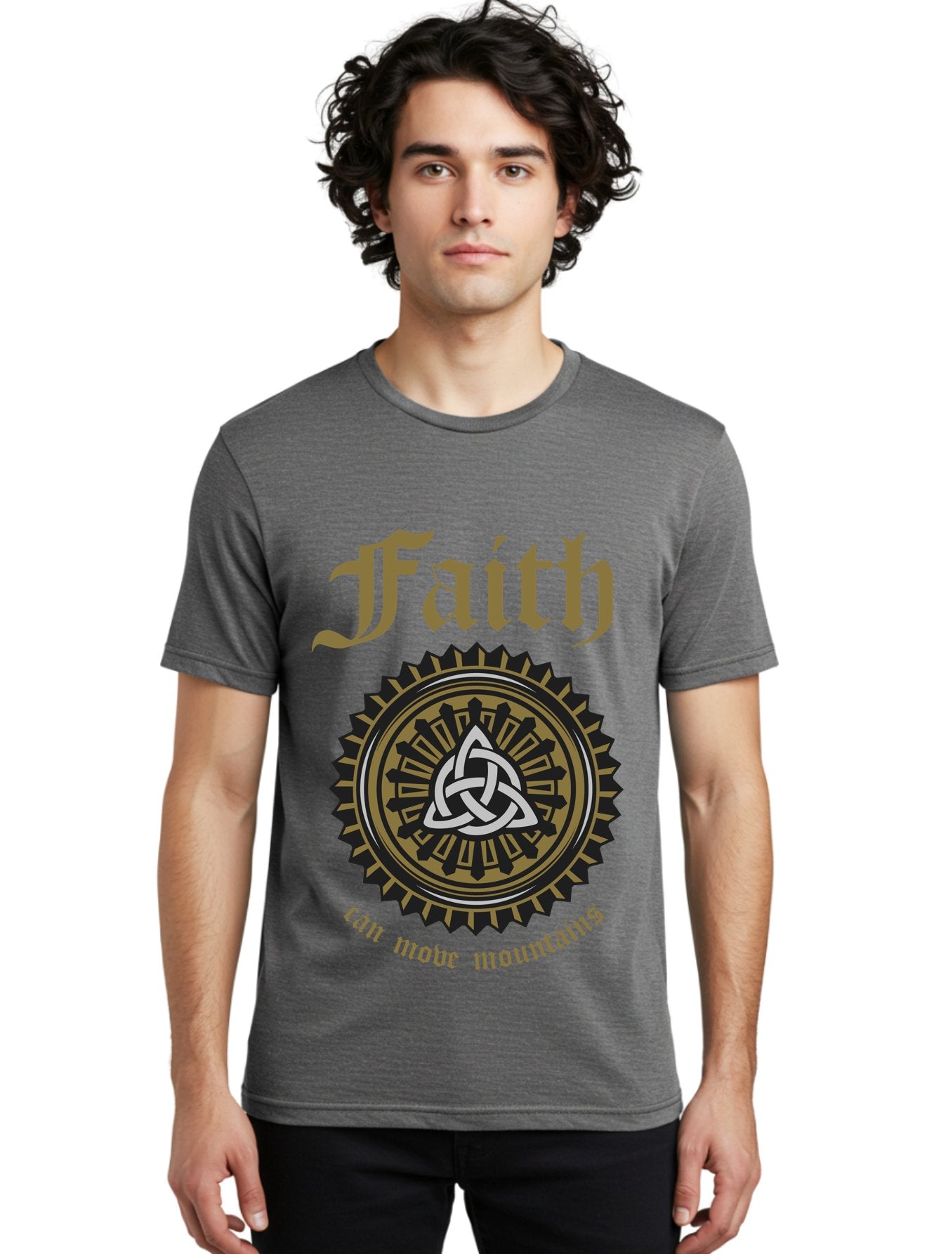 Faith Can Move Mountains Men'S Graphic Tee, 100% Cotton, Comfortable Casual Summer Wear, Machine Washable, Faith Symbol, Celtic Knot Design, Spiritual Emblem, Run Made Manifest, Ancient Celtic Art, Mystical Patterns, Sacred Geometry, Aae270 22