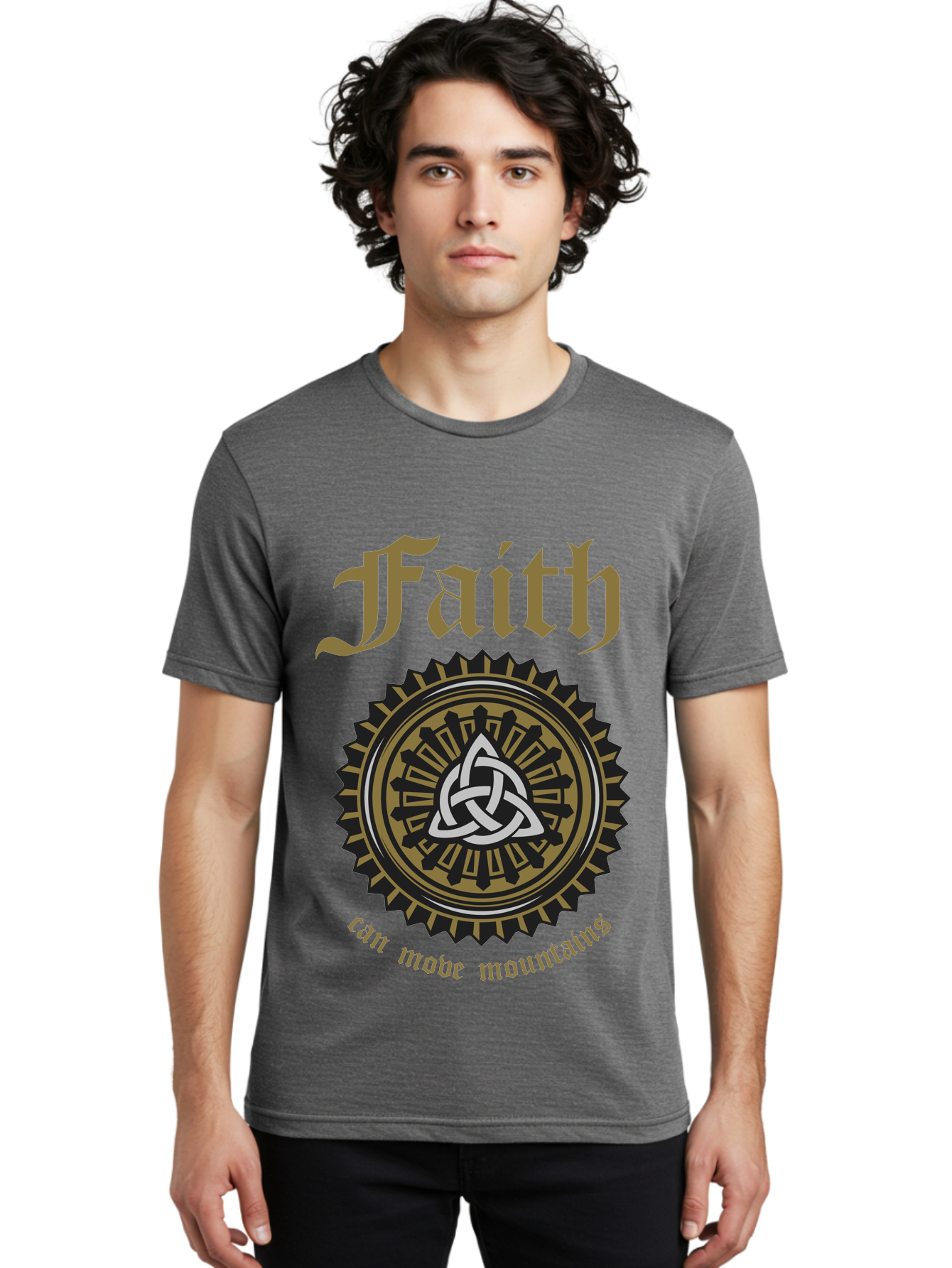 Faith Can Move Mountains Men'S Graphic Tee, 100% Cotton, Comfortable Casual Summer Wear, Machine Washable, Faith Symbol, Celtic Knot Design, Spiritual Emblem, Run Made Manifest, Ancient Celtic Art, Mystical Patterns, Sacred Geometry, Aae270 18