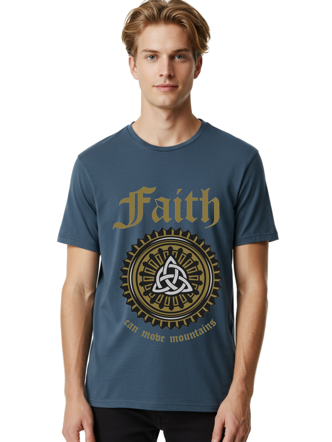 Faith Can Move Mountains Men'S Graphic Tee, 100% Cotton, Comfortable Casual Summer Wear, Machine Washable, Faith Symbol, Celtic Knot Design, Spiritual Emblem, Run Made Manifest, Ancient Celtic Art, Mystical Patterns, Sacred Geometry, Aae270 10