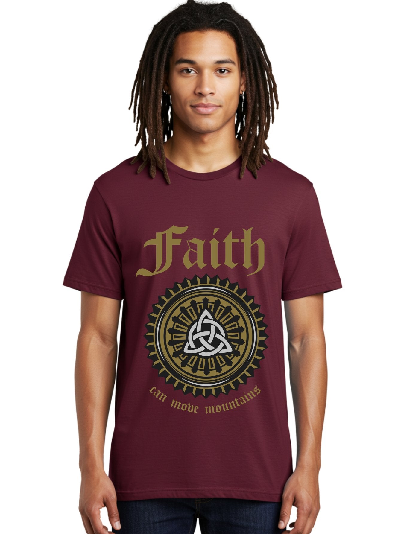 Faith Can Move Mountains Men'S Graphic Tee, 100% Cotton, Comfortable Casual Summer Wear, Machine Washable, Faith Symbol, Celtic Knot Design, Spiritual Emblem, Run Made Manifest, Ancient Celtic Art, Mystical Patterns, Sacred Geometry, Aae270 27