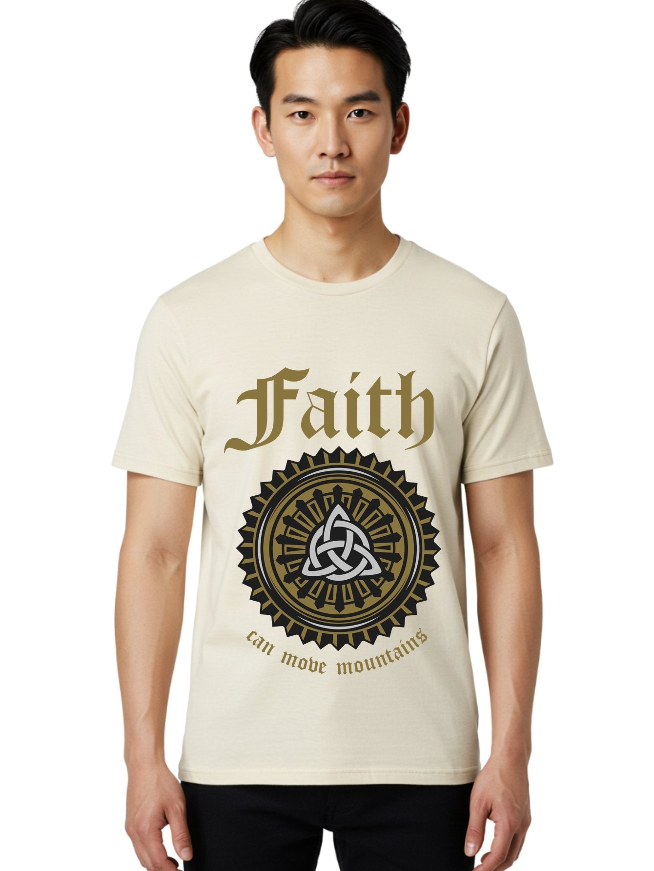 Faith Can Move Mountains Men'S Graphic Tee, 100% Cotton, Comfortable Casual Summer Wear, Machine Washable, Faith Symbol, Celtic Knot Design, Spiritual Emblem, Run Made Manifest, Ancient Celtic Art, Mystical Patterns, Sacred Geometry, Aae270 29