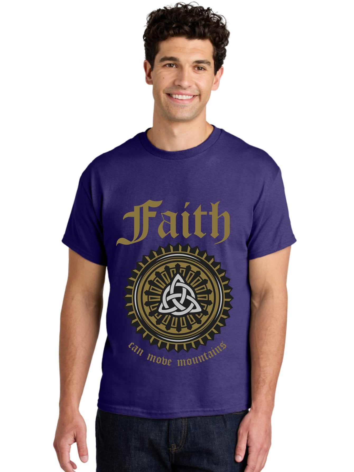 Faith Can Move Mountains Men'S Graphic Tee, 100% Cotton, Comfortable Casual Summer Wear, Machine Washable, Faith Symbol, Celtic Knot Design, Spiritual Emblem, Run Made Manifest, Ancient Celtic Art, Mystical Patterns, Sacred Geometry, Aae270 18