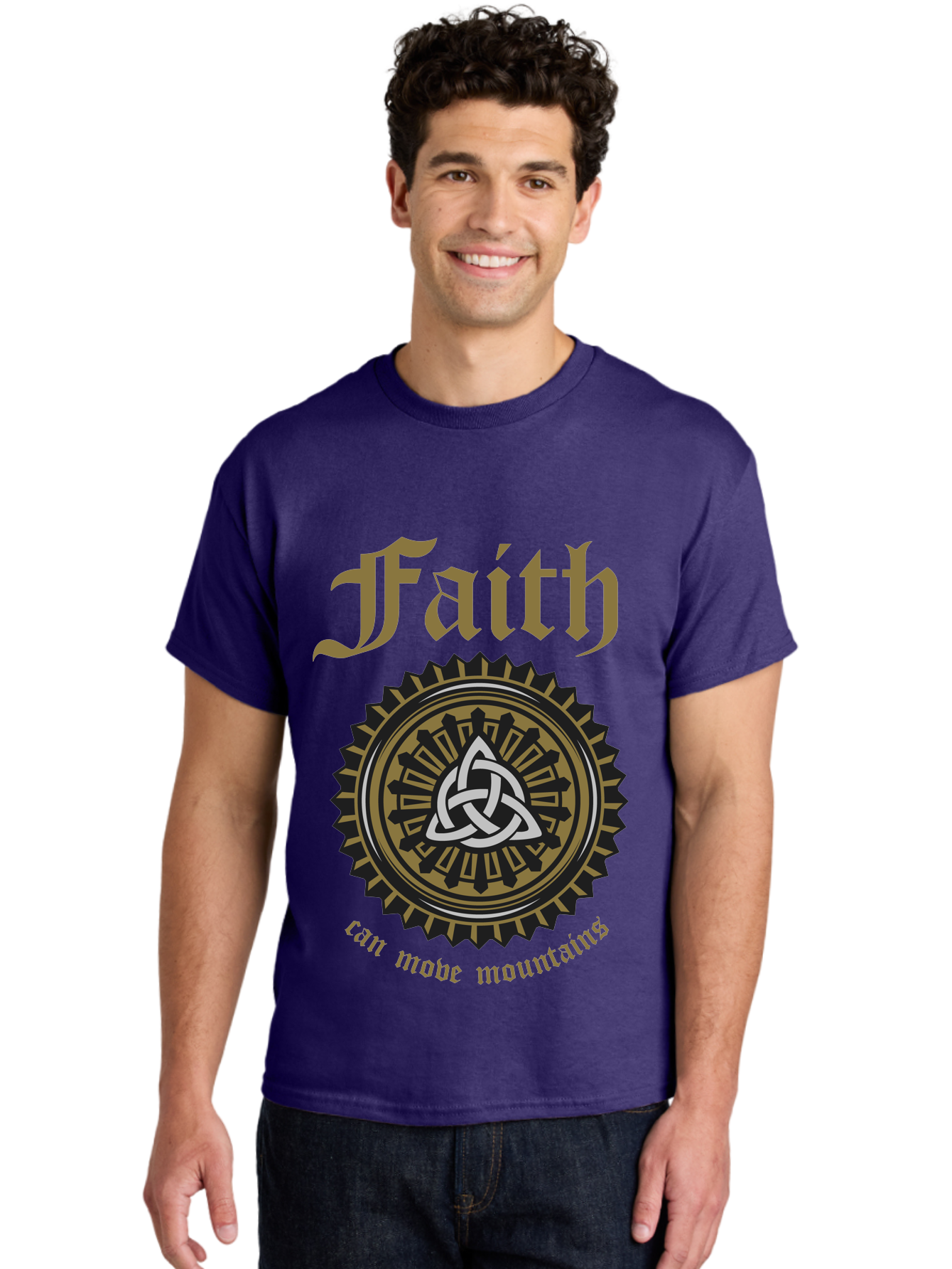 Faith Can Move Mountains Men'S Graphic Tee, 100% Cotton, Comfortable Casual Summer Wear, Machine Washable, Faith Symbol, Celtic Knot Design, Spiritual Emblem, Run Made Manifest, Ancient Celtic Art, Mystical Patterns, Sacred Geometry, Aae270 24