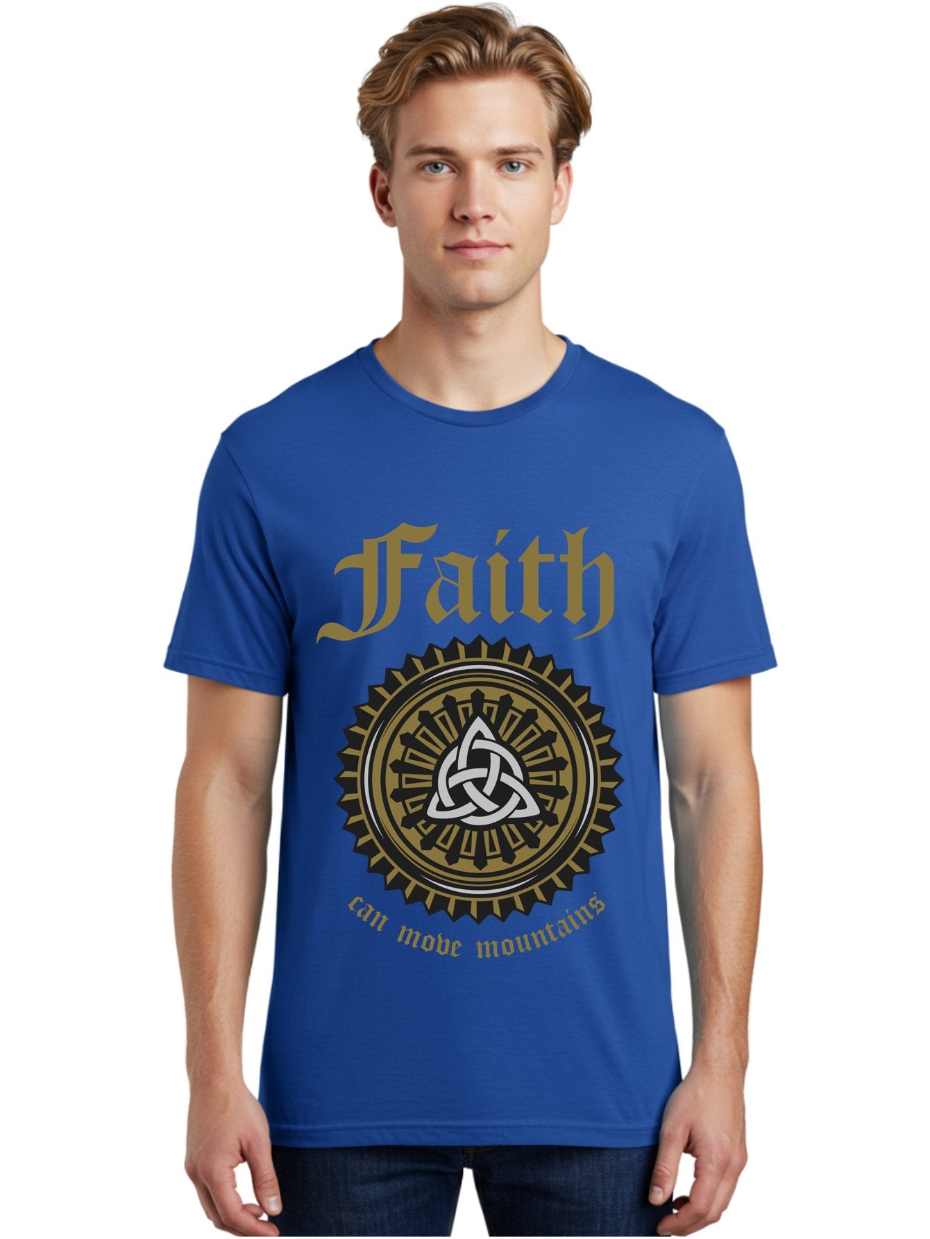 Faith Can Move Mountains Men'S Graphic Tee, 100% Cotton, Comfortable Casual Summer Wear, Machine Washable, Faith Symbol, Celtic Knot Design, Spiritual Emblem, Run Made Manifest, Ancient Celtic Art, Mystical Patterns, Sacred Geometry, Aae270 24