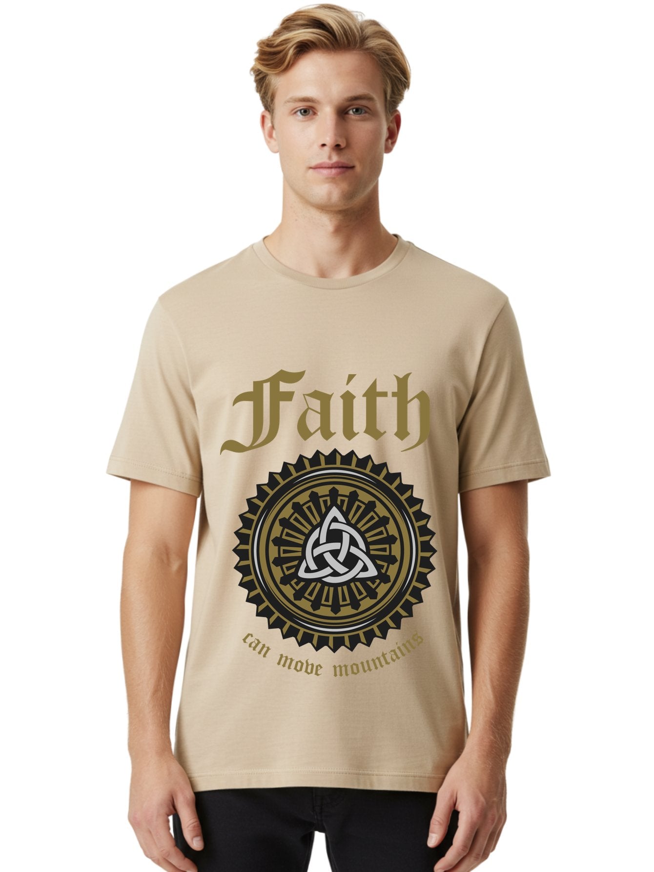 Faith Can Move Mountains Men'S Graphic Tee, 100% Cotton, Comfortable Casual Summer Wear, Machine Washable, Faith Symbol, Celtic Knot Design, Spiritual Emblem, Run Made Manifest, Ancient Celtic Art, Mystical Patterns, Sacred Geometry, Aae270 16