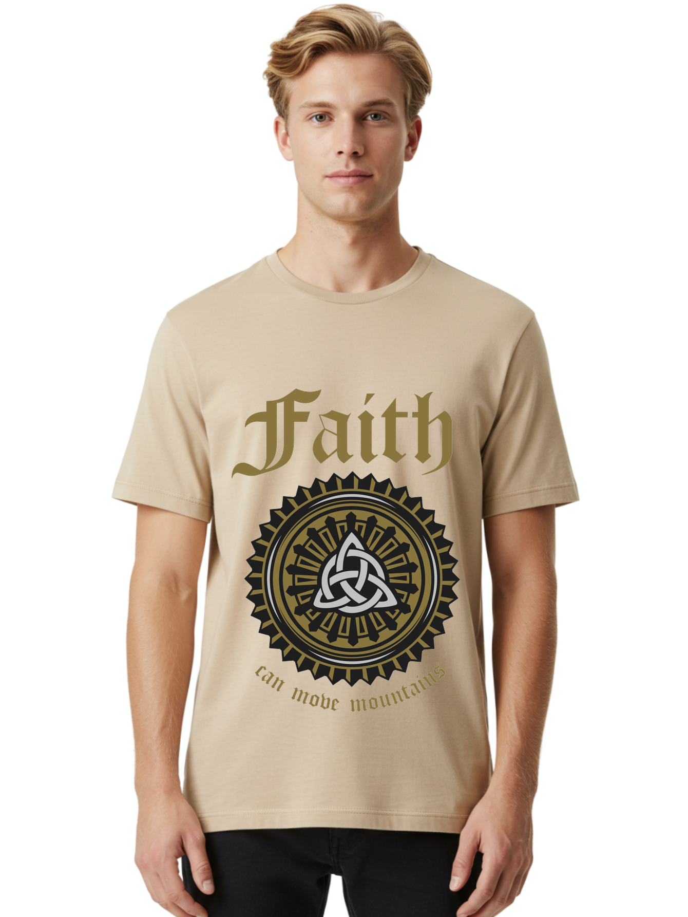 Faith Can Move Mountains Men'S Graphic Tee, 100% Cotton, Comfortable Casual Summer Wear, Machine Washable, Faith Symbol, Celtic Knot Design, Spiritual Emblem, Run Made Manifest, Ancient Celtic Art, Mystical Patterns, Sacred Geometry, Aae270 26