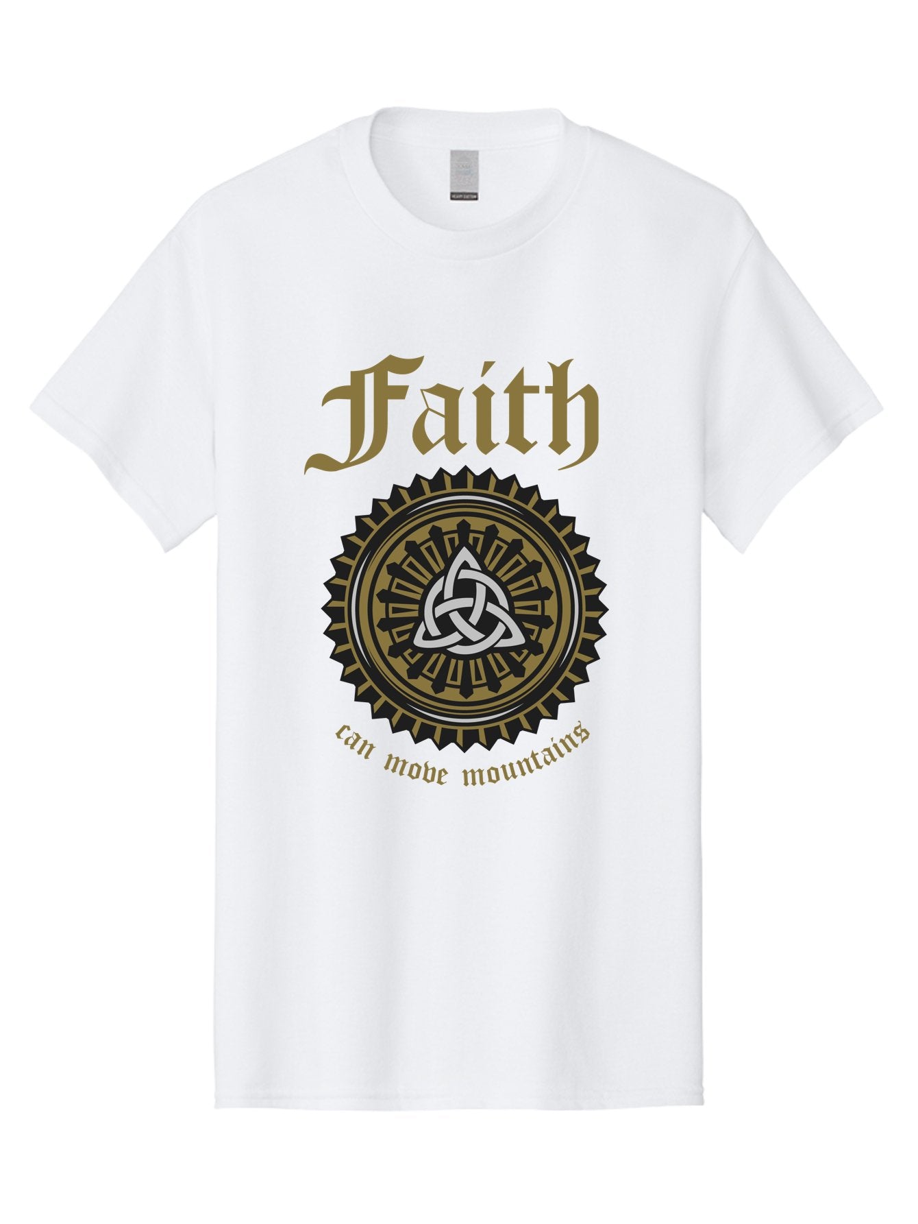 Faith Can Move Mountains Men'S Graphic Tee, 100% Cotton, Comfortable Casual Summer Wear, Machine Washable, Faith Symbol, Celtic Knot Design, Spiritual Emblem, Run Made Manifest, Ancient Celtic Art, Mystical Patterns, Sacred Geometry, Aae270