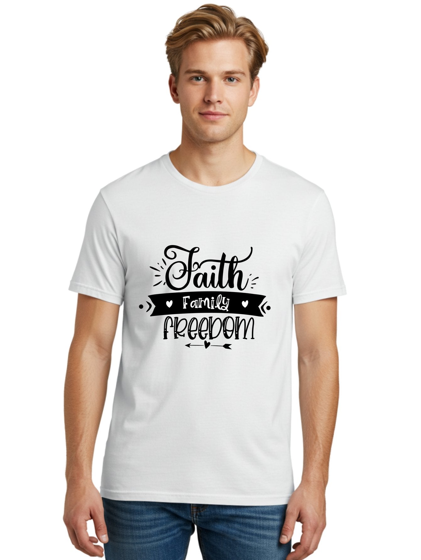 Faith Family Freedom Men'S Graphic Tee, 100% Cotton, Comfortable Casual Summer Wear, Machine Washable, Faith Family Freedom, Inspirational Quote, Patriotic Phrase, Motivational Words, Heartwarming Message, Handwritten Font, Aae273 30