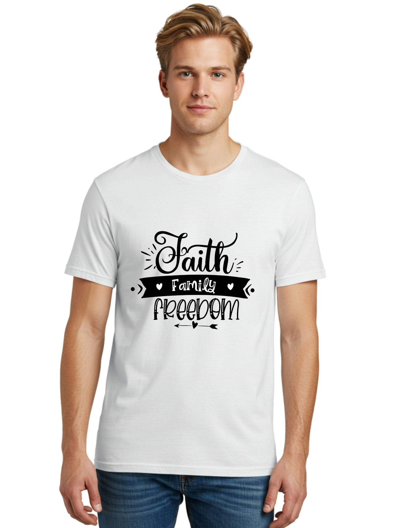 Faith Family Freedom Men'S Graphic Tee, 100% Cotton, Comfortable Casual Summer Wear, Machine Washable, Faith Family Freedom, Inspirational Quote, Patriotic Phrase, Motivational Words, Heartwarming Message, Handwritten Font, Aae273