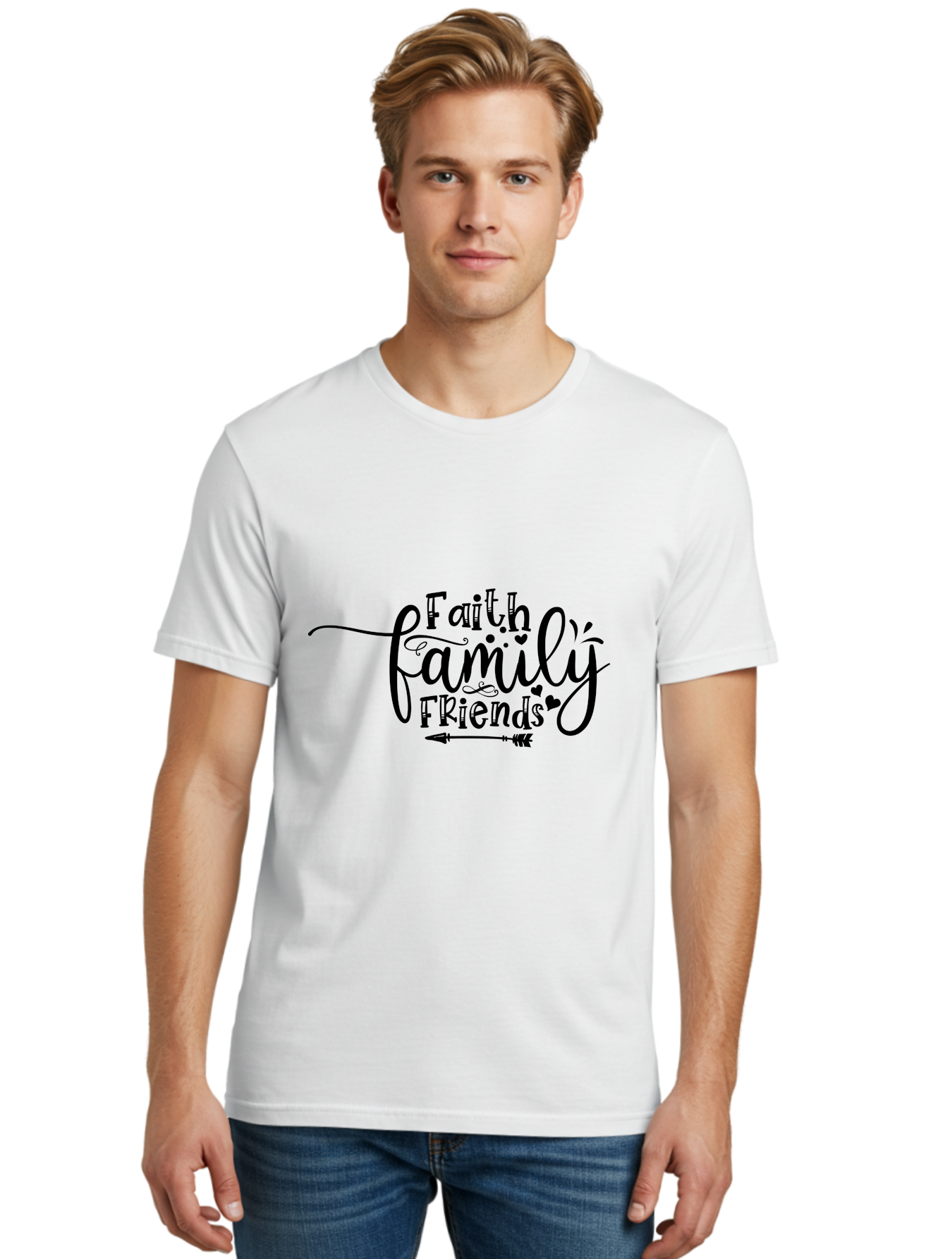 Faith Family Friends Men'S Graphic Tee, 100% Cotton, Comfortable Casual Summer Wear, Machine Washable, Faith, Family, Friends, Inspirational Quote, Heartwarming Phrase, Friendship Goals, Motivational Words, Arrow Symbol, Decorative Hearts Aae274 24