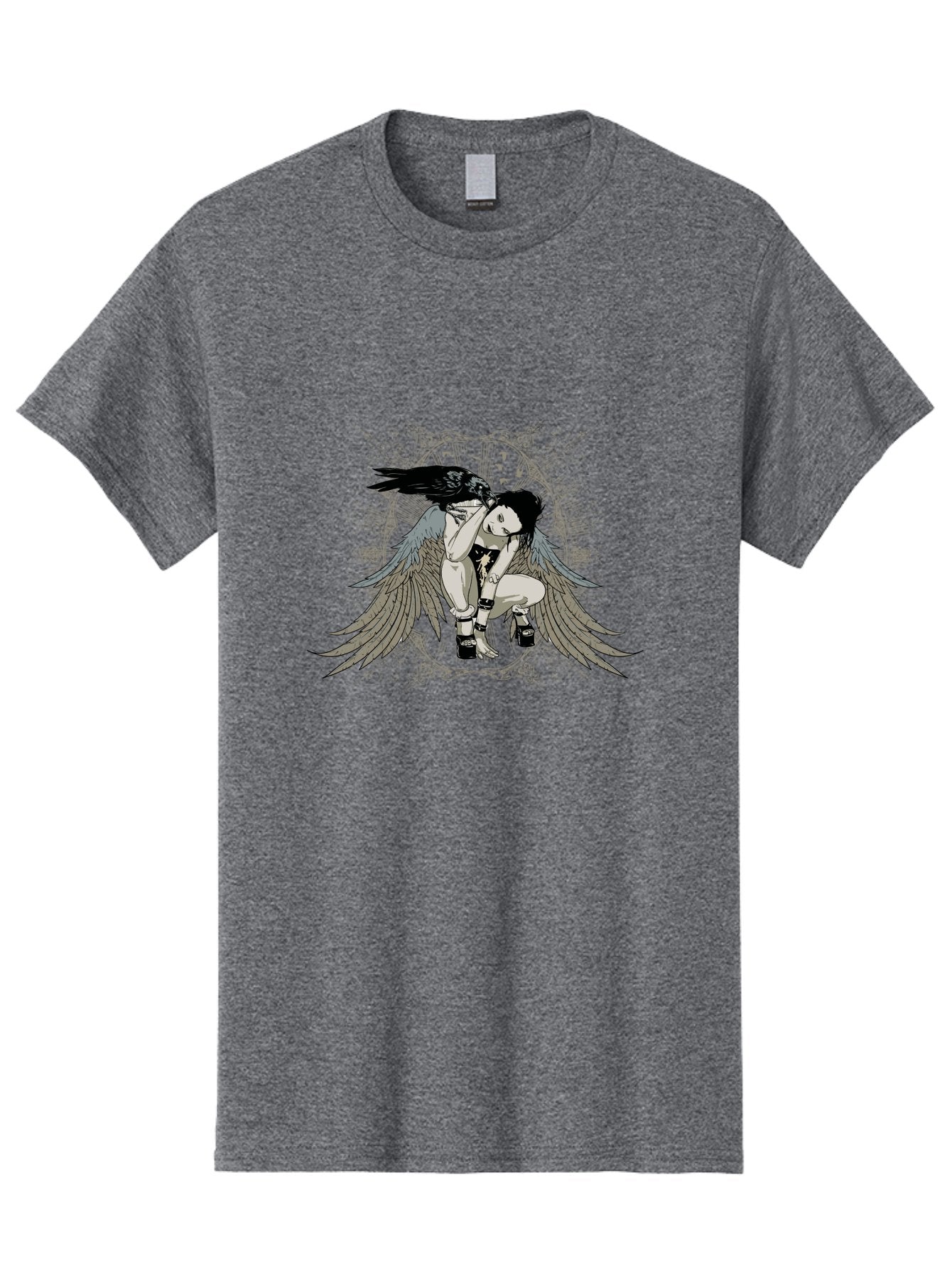 Fallen Silence Men'S Graphic Tee, 100% Cotton, Comfortable Casual Summer Wear, Machine Washable, Girl With Wings, Crow Perched On Head, Manga Style, Anime Art, Dark Hair, Black Boots, Winged Figure, Mystical Vibe, Gothic Aesthetic, Aae275 8