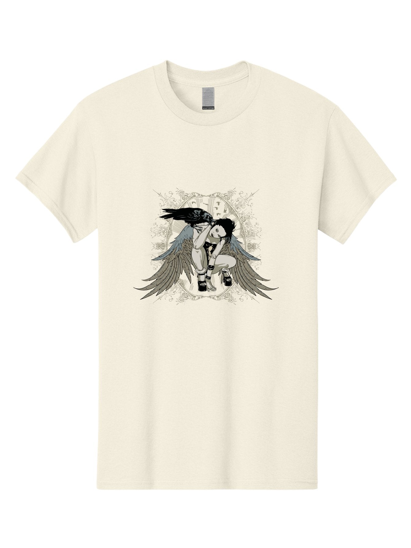 Fallen Silence Men'S Graphic Tee, 100% Cotton, Comfortable Casual Summer Wear, Machine Washable, Girl With Wings, Crow Perched On Head, Manga Style, Anime Art, Dark Hair, Black Boots, Winged Figure, Mystical Vibe, Gothic Aesthetic, Aae275 4