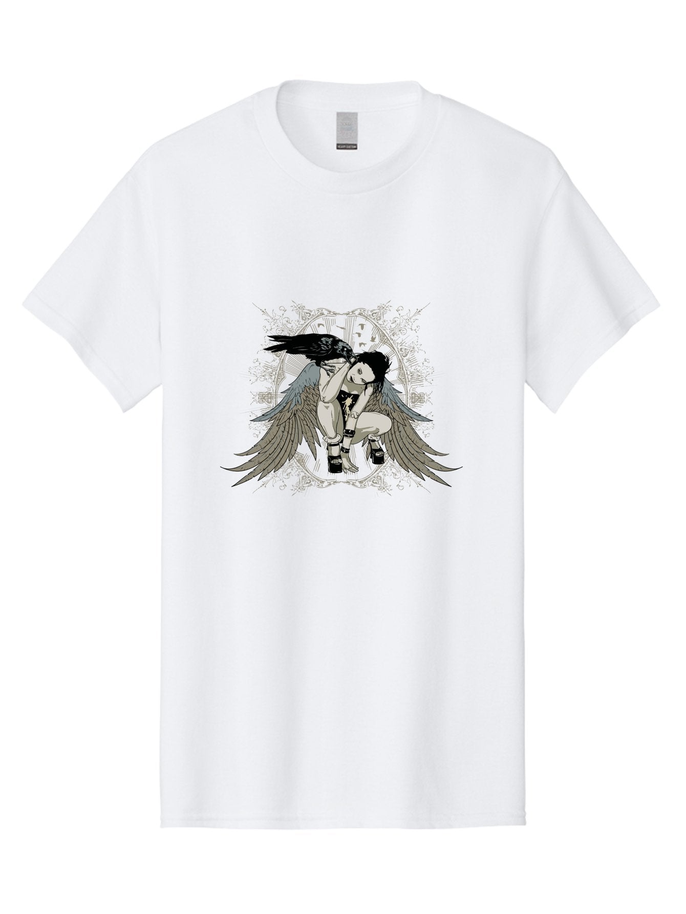 Fallen Silence Men'S Graphic Tee, 100% Cotton, Comfortable Casual Summer Wear, Machine Washable, Girl With Wings, Crow Perched On Head, Manga Style, Anime Art, Dark Hair, Black Boots, Winged Figure, Mystical Vibe, Gothic Aesthetic, Aae275 15
