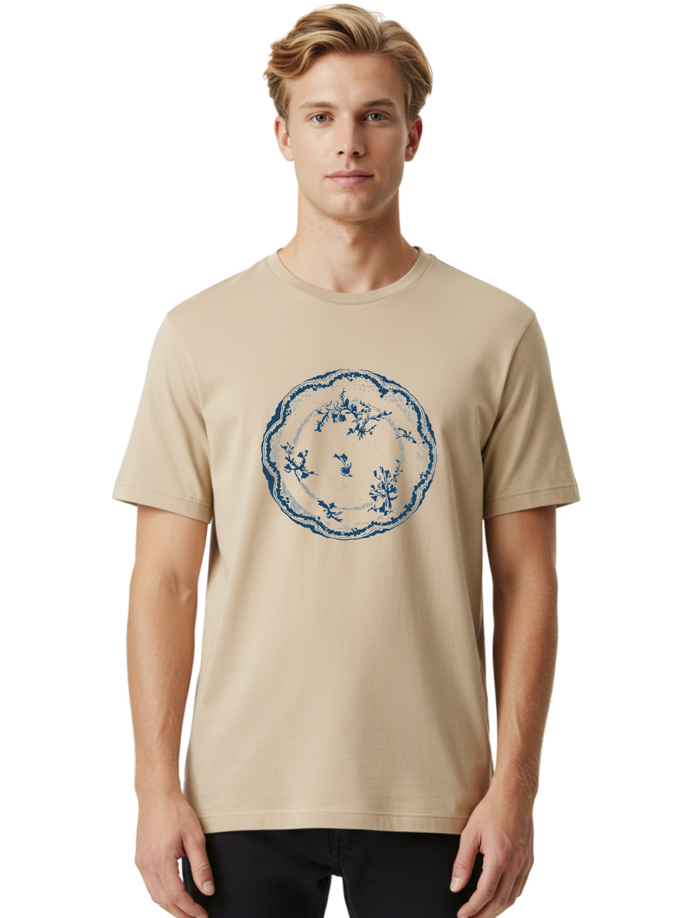 Floral Vintage Plate Men'S Graphic Tee, 100% Cotton, Comfortable Casual Summer Wear, Machine Washable, Floral Plate, Blue Floral Pattern, Decorative Plate, Vintage Design, Fine China, Dinnerware, Blue And Green Hues, Elegant Table Setting, Aae284 28