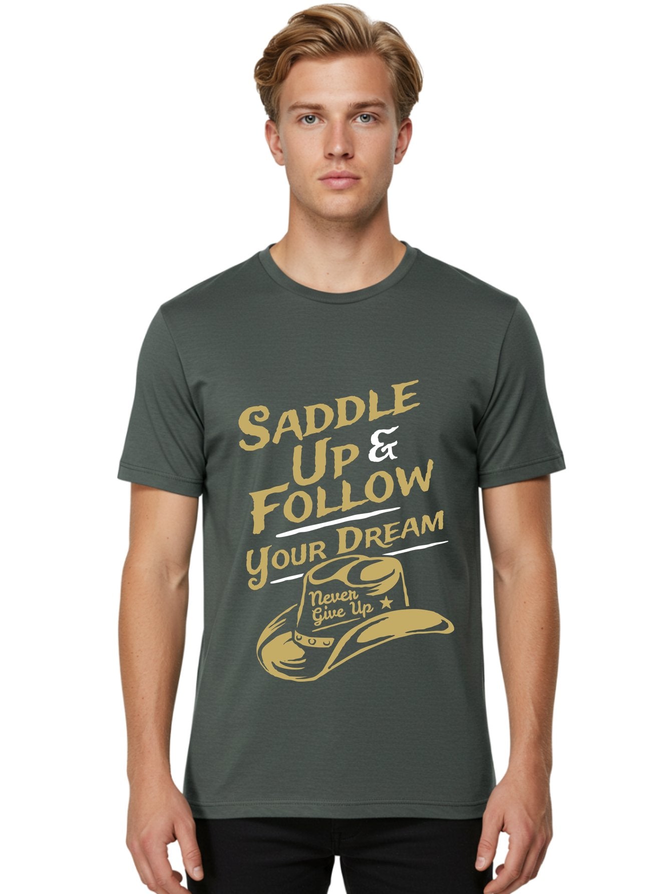 Follow Your Dream Men'S Graphic Tee, 100% Cotton, Comfortable Casual Summer Wear, Machine Washable, Cowboy Hat, Inspirational Quote, Motivational Phrase, Never Give Up, Follow Your Dream, Saddle Up, Cowboy Culture, Western Lifestyle, Aae287 17