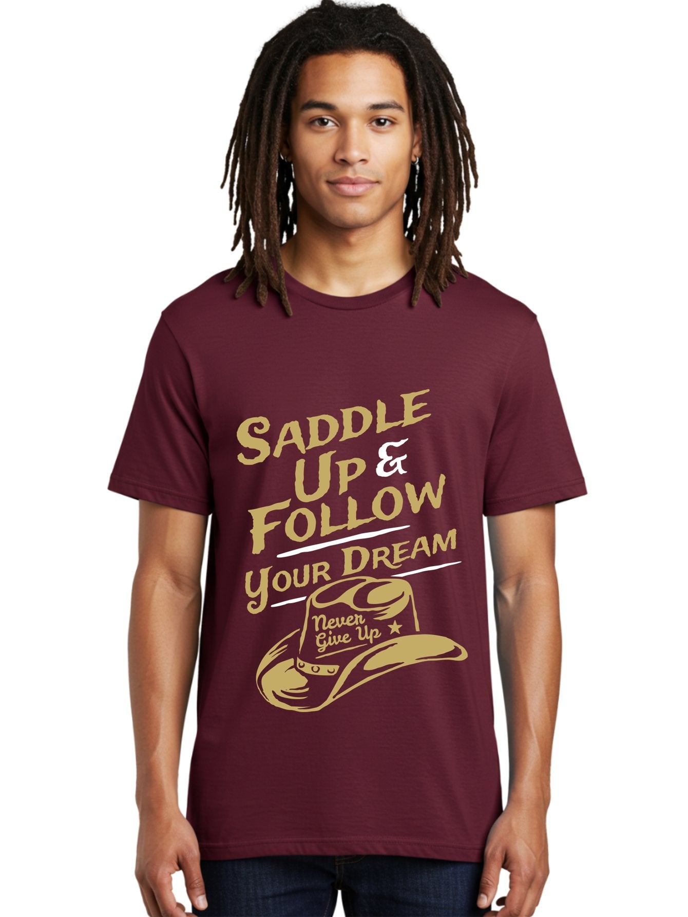 Follow Your Dream Men'S Graphic Tee, 100% Cotton, Comfortable Casual Summer Wear, Machine Washable, Cowboy Hat, Inspirational Quote, Motivational Phrase, Never Give Up, Follow Your Dream, Saddle Up, Cowboy Culture, Western Lifestyle, Aae287 20