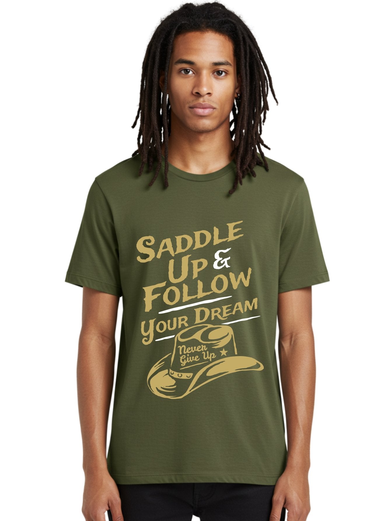 Follow Your Dream Men'S Graphic Tee, 100% Cotton, Comfortable Casual Summer Wear, Machine Washable, Cowboy Hat, Inspirational Quote, Motivational Phrase, Never Give Up, Follow Your Dream, Saddle Up, Cowboy Culture, Western Lifestyle, Aae287 27