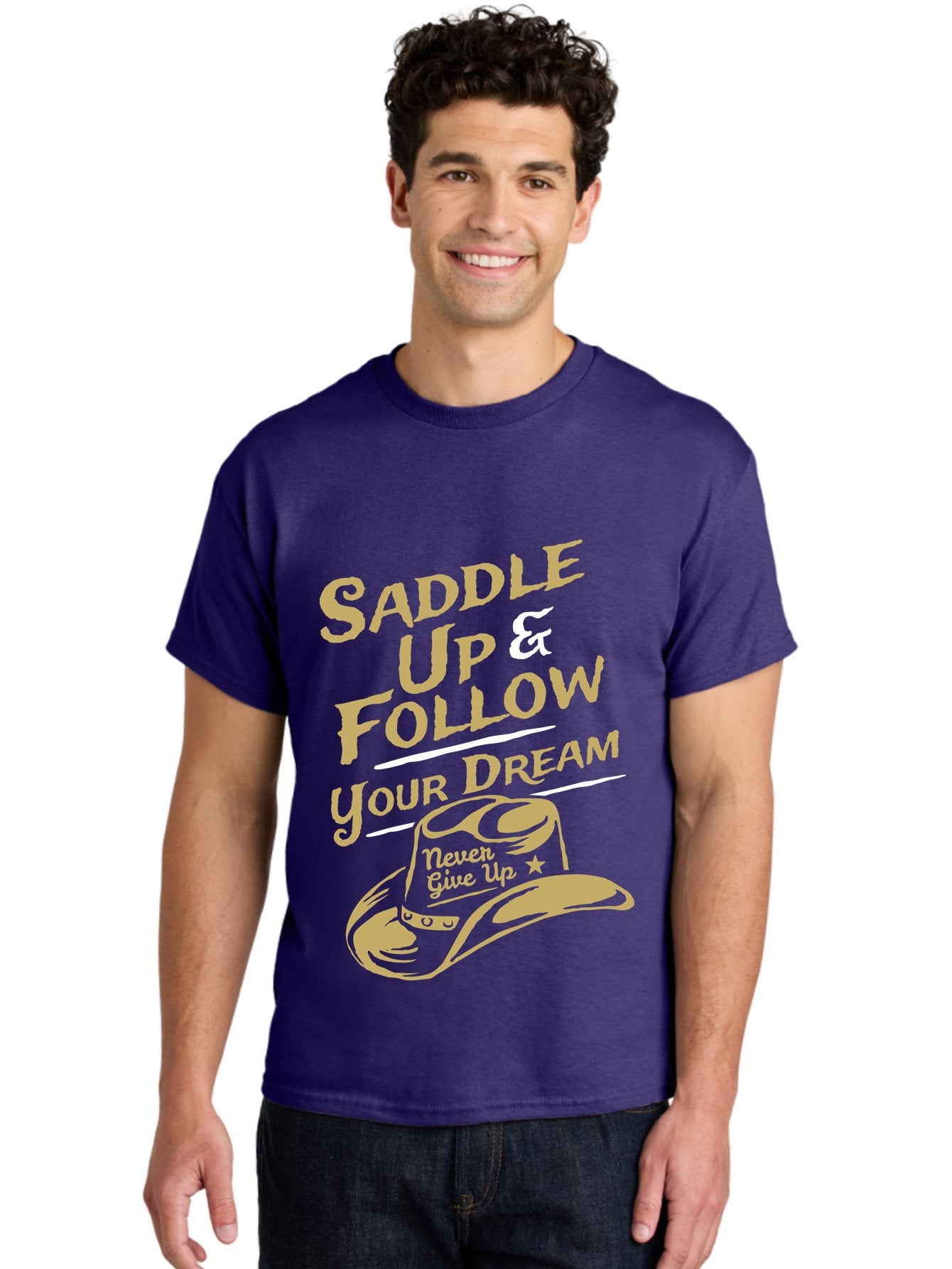 Follow Your Dream Men'S Graphic Tee, 100% Cotton, Comfortable Casual Summer Wear, Machine Washable, Cowboy Hat, Inspirational Quote, Motivational Phrase, Never Give Up, Follow Your Dream, Saddle Up, Cowboy Culture, Western Lifestyle, Aae287 30