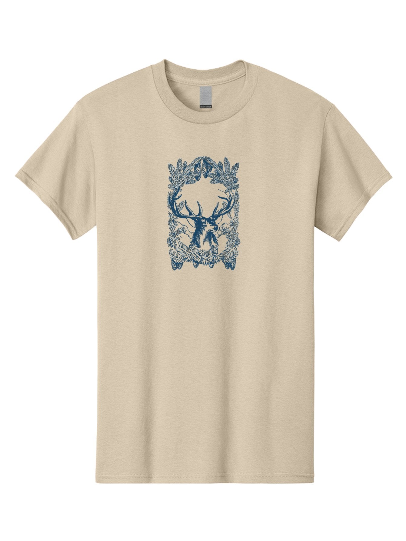 Forest Guard Stag Men'S Graphic Tee, 100% Cotton, Comfortable Casual Summer Wear, Machine Washable, Deer Head With Antlers, Foliage Wreath, Natural Design, Wildlife Theme, Forest Elements, Intricate Details, Symbolic Art Aae293 3