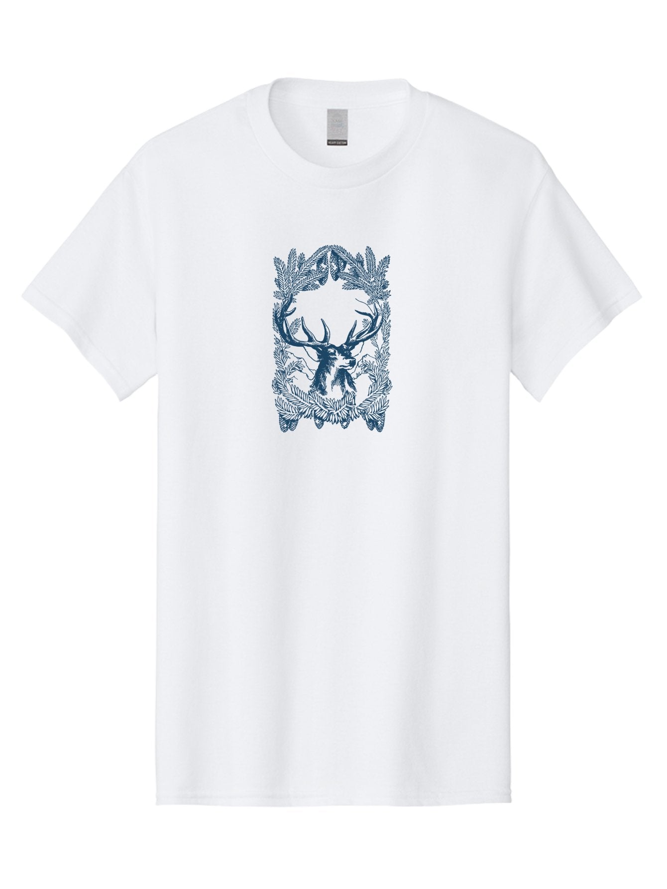 Forest Guard Stag Men'S Graphic Tee, 100% Cotton, Comfortable Casual Summer Wear, Machine Washable, Deer Head With Antlers, Foliage Wreath, Natural Design, Wildlife Theme, Forest Elements, Intricate Details, Symbolic Art Aae293