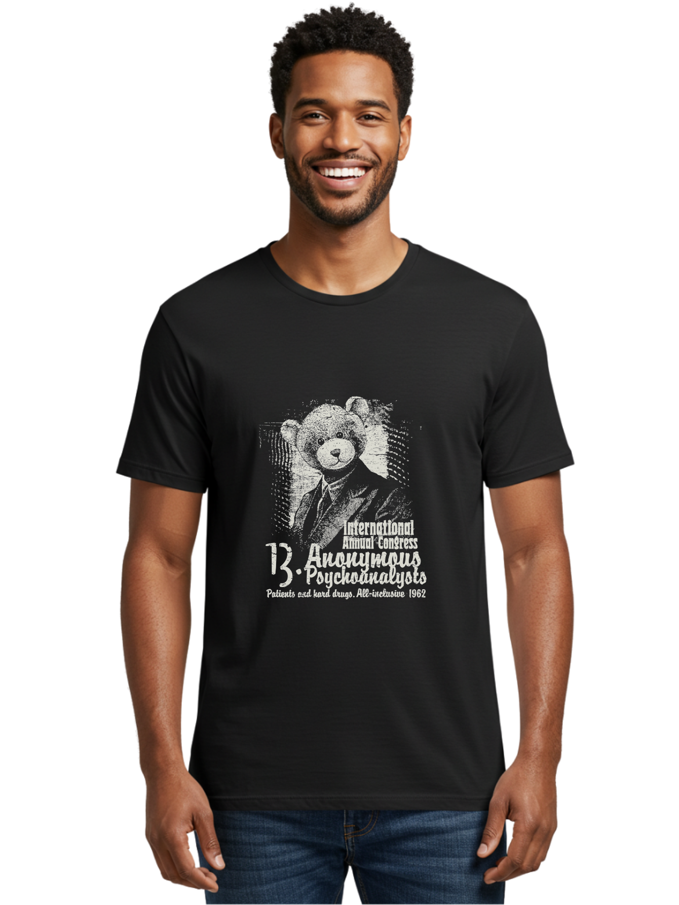 International Annual Congress Teddy Bear Men'S Graphic Tee, 100% Cotton, Comfortable Casual Summer Wear, Machine Washable, Teddy Bear In A Suit, Humorous Illustration, 1962 Conference, Psychoanalysis Theme, Vintage Design, Aae404 20
