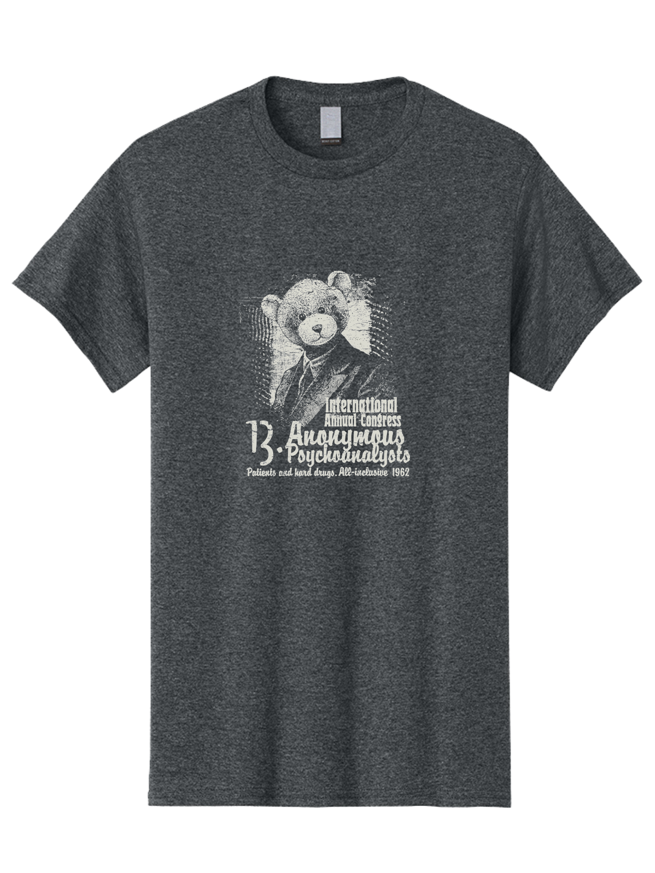 International Annual Congress Teddy Bear Men'S Graphic Tee, 100% Cotton, Comfortable Casual Summer Wear, Machine Washable, Teddy Bear In A Suit, Humorous Illustration, 1962 Conference, Psychoanalysis Theme, Vintage Design, Aae404 25