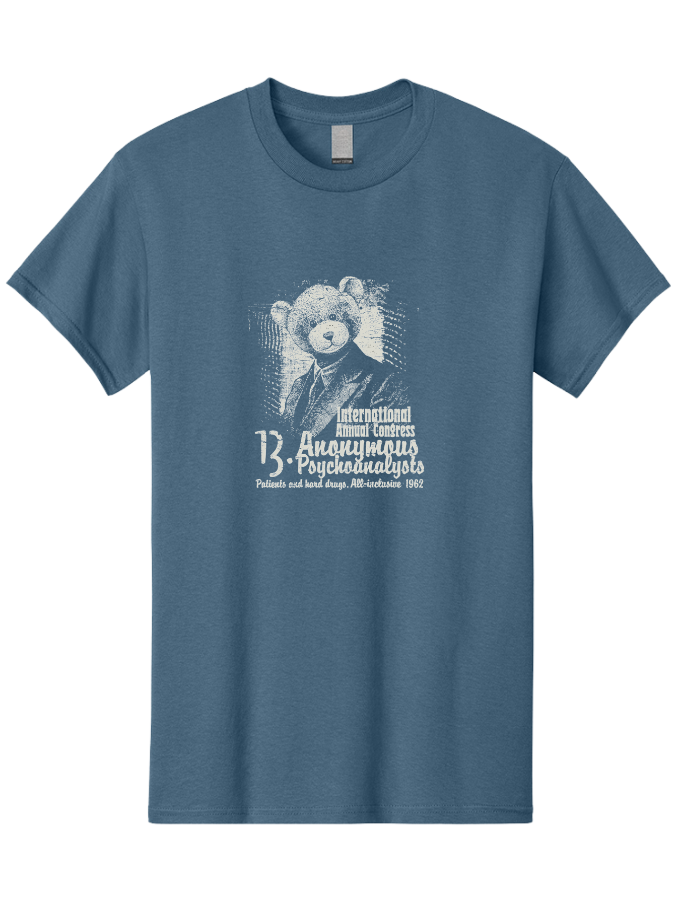 International Annual Congress Teddy Bear Men'S Graphic Tee, 100% Cotton, Comfortable Casual Summer Wear, Machine Washable, Teddy Bear In A Suit, Humorous Illustration, 1962 Conference, Psychoanalysis Theme, Vintage Design, Aae404 27
