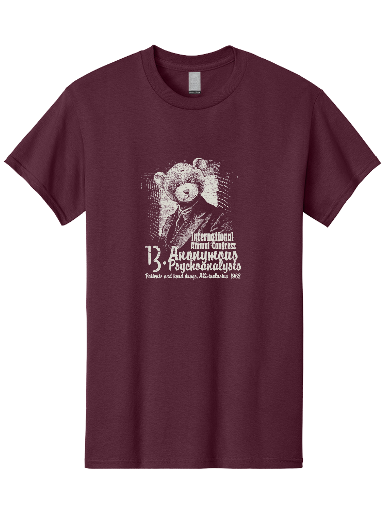 International Annual Congress Teddy Bear Men'S Graphic Tee, 100% Cotton, Comfortable Casual Summer Wear, Machine Washable, Teddy Bear In A Suit, Humorous Illustration, 1962 Conference, Psychoanalysis Theme, Vintage Design, Aae404 29