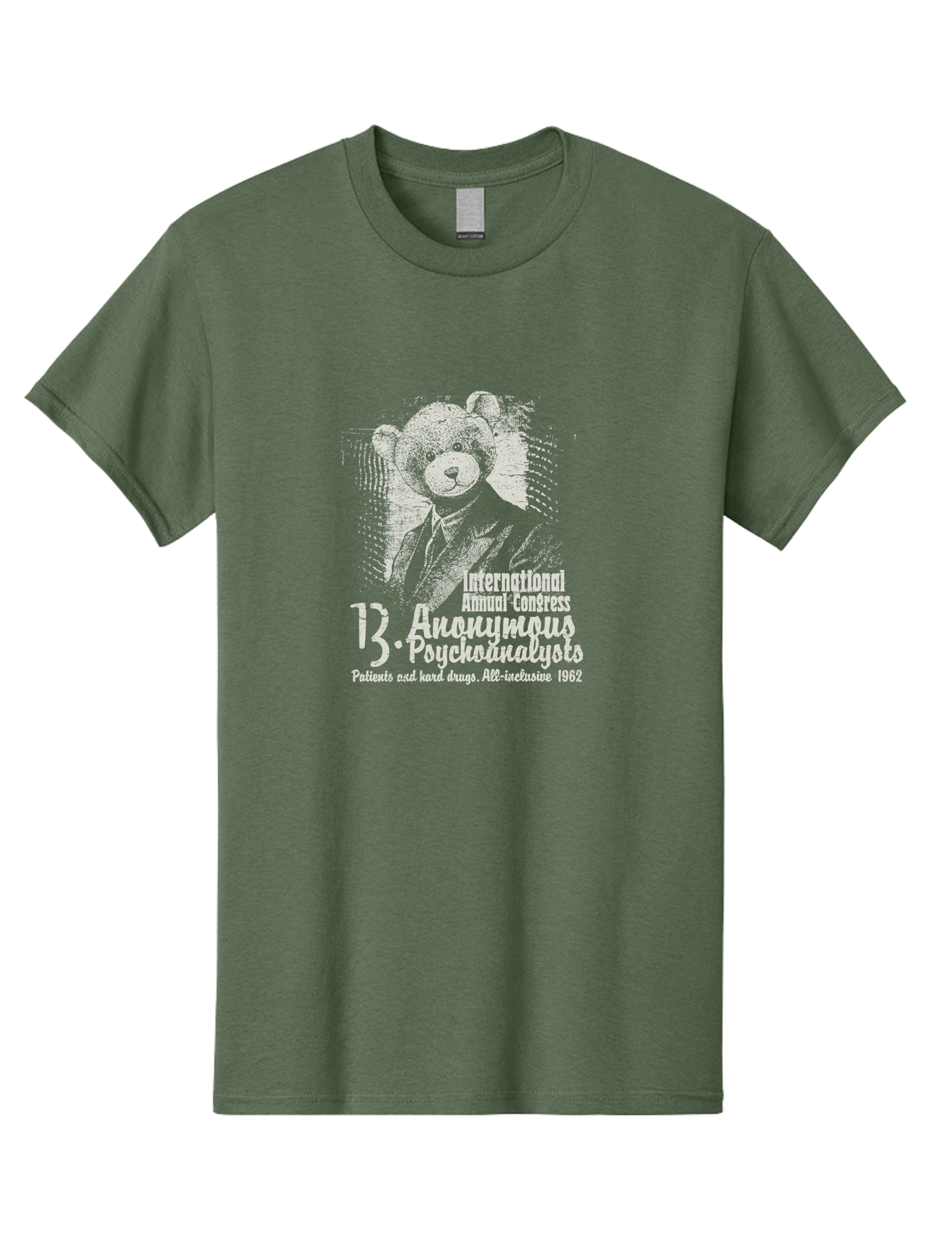 International Annual Congress Teddy Bear Men'S Graphic Tee, 100% Cotton, Comfortable Casual Summer Wear, Machine Washable, Teddy Bear In A Suit, Humorous Illustration, 1962 Conference, Psychoanalysis Theme, Vintage Design, Aae404