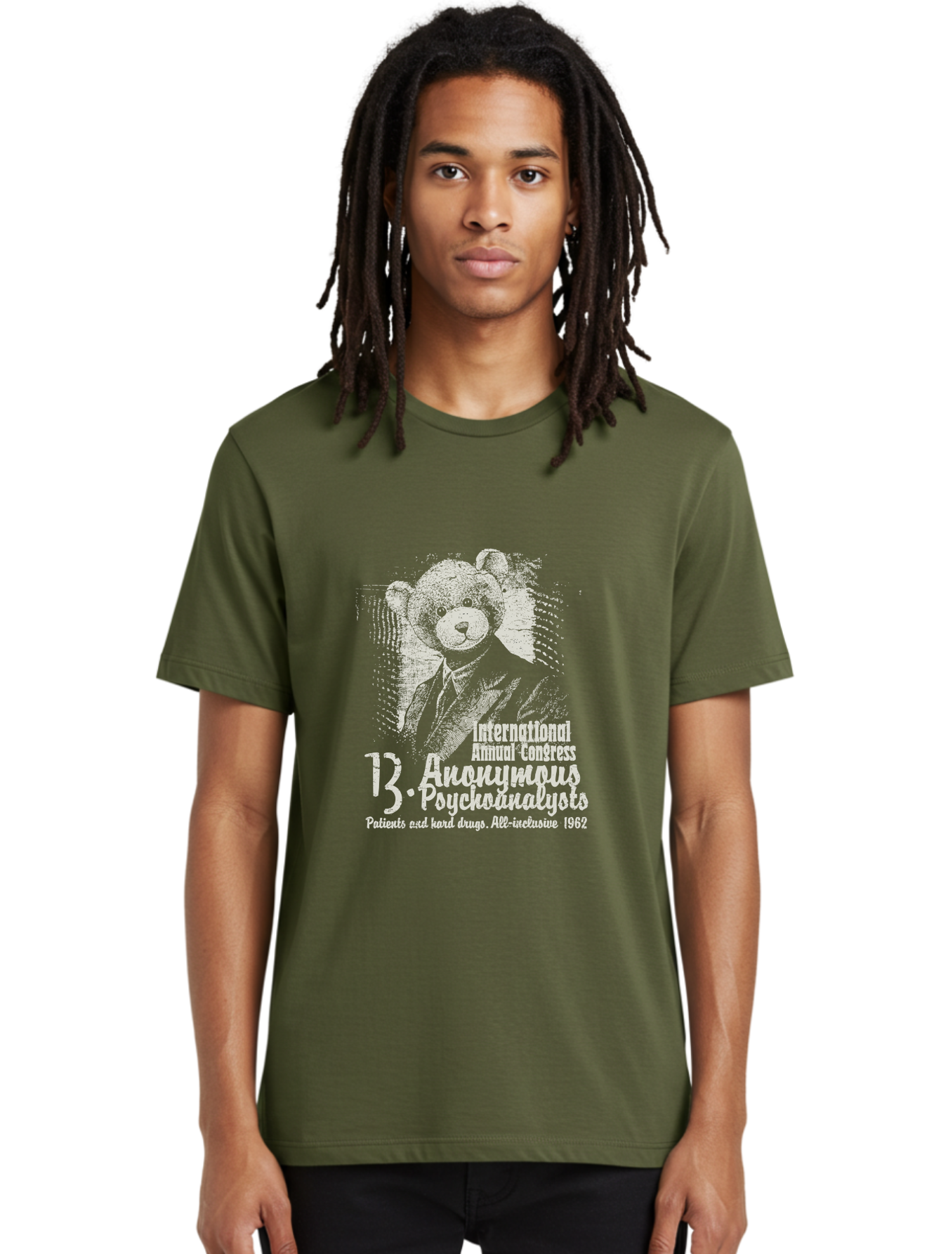 International Annual Congress Teddy Bear Men'S Graphic Tee, 100% Cotton, Comfortable Casual Summer Wear, Machine Washable, Teddy Bear In A Suit, Humorous Illustration, 1962 Conference, Psychoanalysis Theme, Vintage Design, Aae404