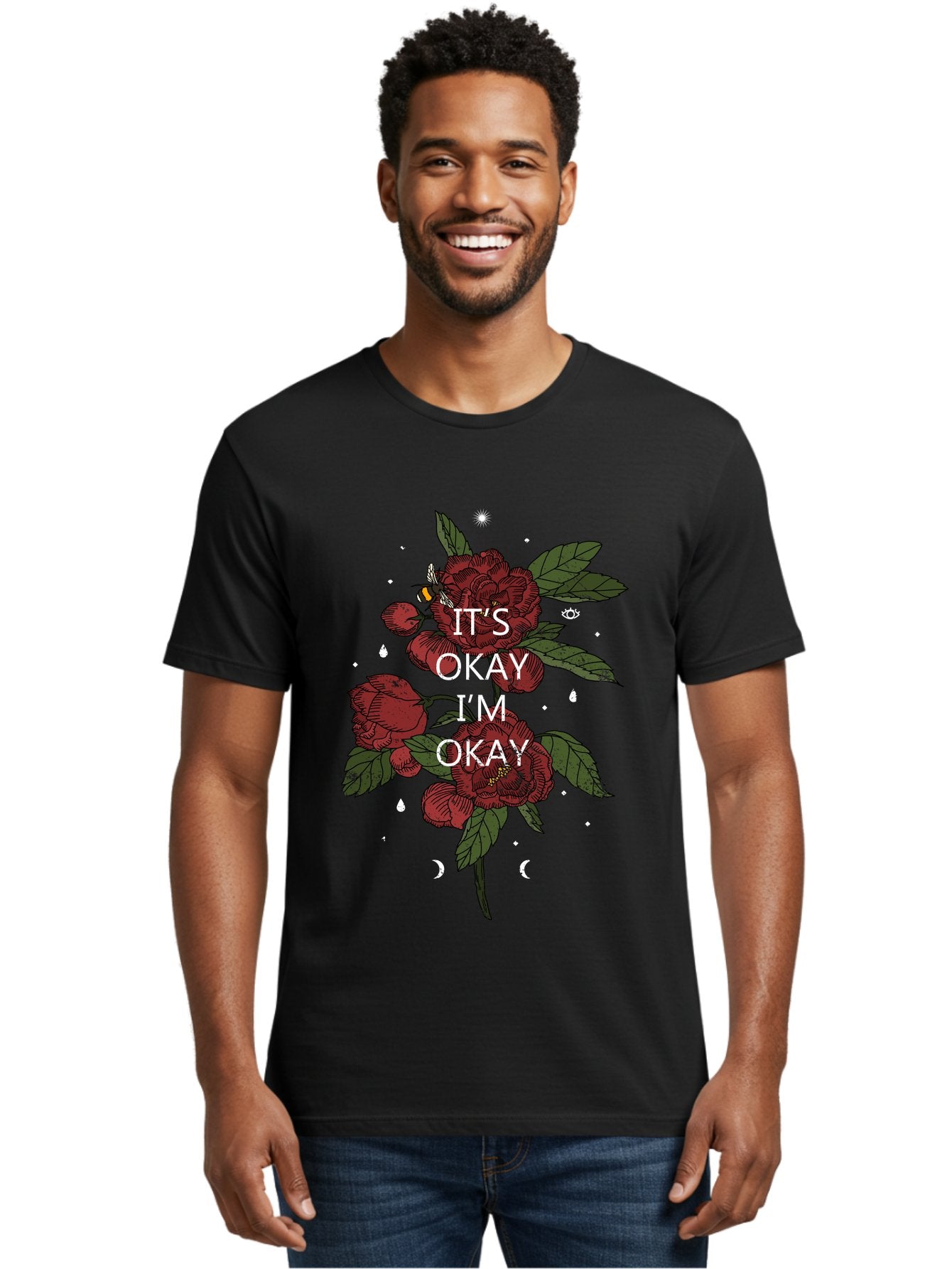 Its Okay Men'S Graphic Tee, 100% Cotton, Comfortable Casual Summer Wear, Machine Washable, Red Roses, Green Leaves, Affirmation Quote, Motivational Phrase, Mental Health Awareness, Self Care, Wellness, Floral Design, Inspirational Art Aae411 19