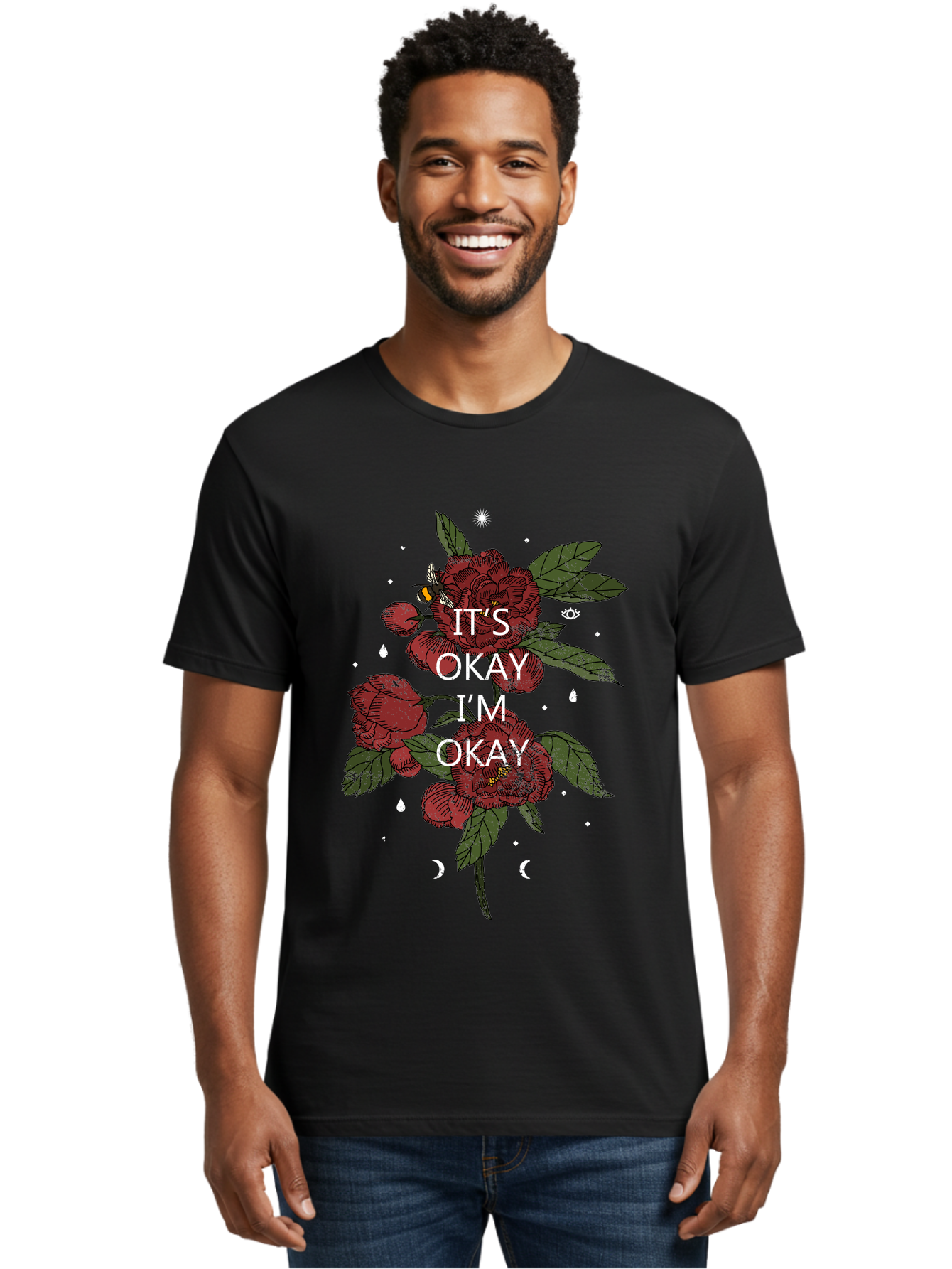 Its Okay Men'S Graphic Tee, 100% Cotton, Comfortable Casual Summer Wear, Machine Washable, Red Roses, Green Leaves, Affirmation Quote, Motivational Phrase, Mental Health Awareness, Self Care, Wellness, Floral Design, Inspirational Art Aae411 22