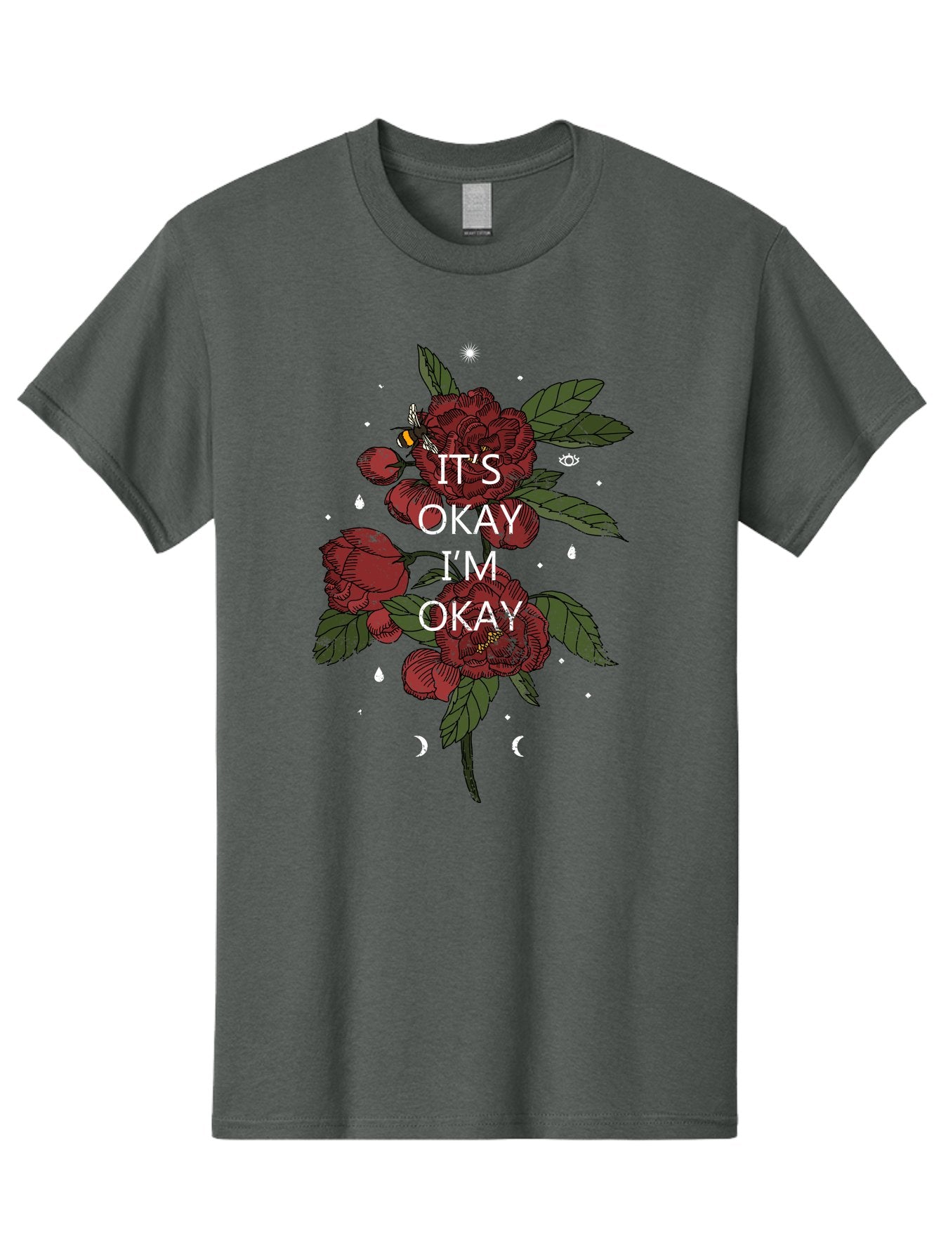 Its Okay Men'S Graphic Tee, 100% Cotton, Comfortable Casual Summer Wear, Machine Washable, Red Roses, Green Leaves, Affirmation Quote, Motivational Phrase, Mental Health Awareness, Self Care, Wellness, Floral Design, Inspirational Art Aae411 15