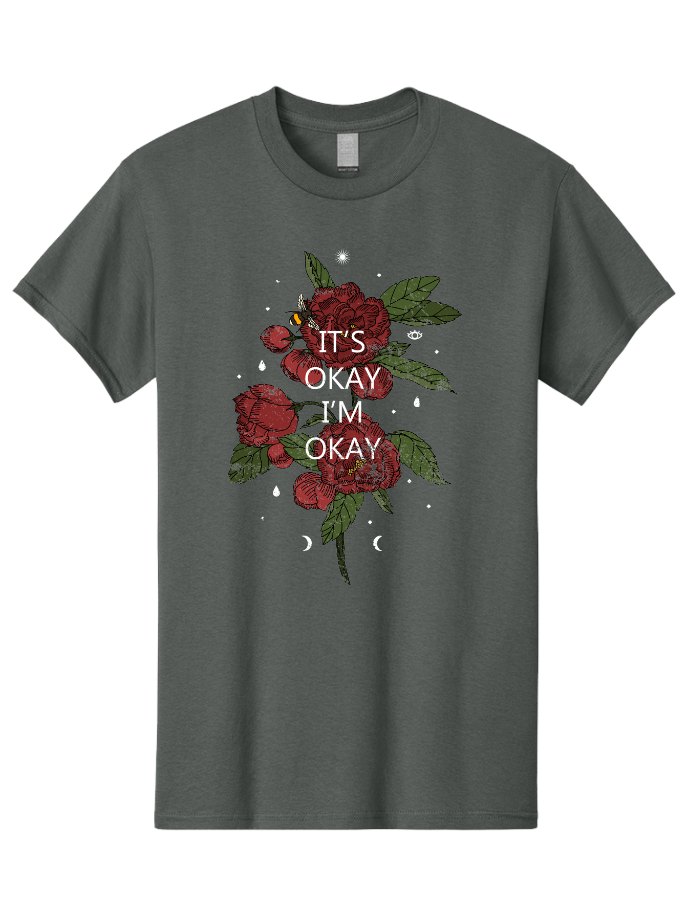 Its Okay Men'S Graphic Tee, 100% Cotton, Comfortable Casual Summer Wear, Machine Washable, Red Roses, Green Leaves, Affirmation Quote, Motivational Phrase, Mental Health Awareness, Self Care, Wellness, Floral Design, Inspirational Art Aae411 27