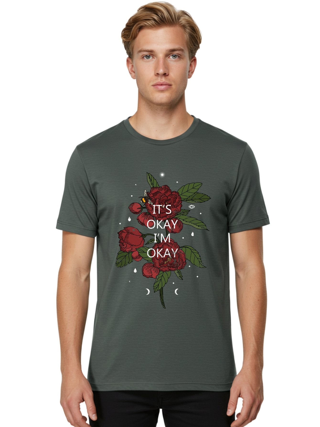 Its Okay Men'S Graphic Tee, 100% Cotton, Comfortable Casual Summer Wear, Machine Washable, Red Roses, Green Leaves, Affirmation Quote, Motivational Phrase, Mental Health Awareness, Self Care, Wellness, Floral Design, Inspirational Art Aae411 30