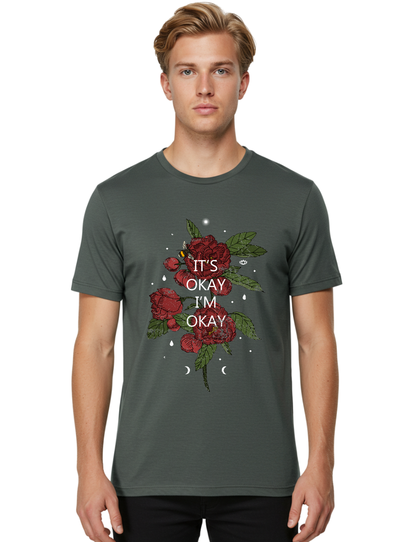 Its Okay Men'S Graphic Tee, 100% Cotton, Comfortable Casual Summer Wear, Machine Washable, Red Roses, Green Leaves, Affirmation Quote, Motivational Phrase, Mental Health Awareness, Self Care, Wellness, Floral Design, Inspirational Art Aae411 28