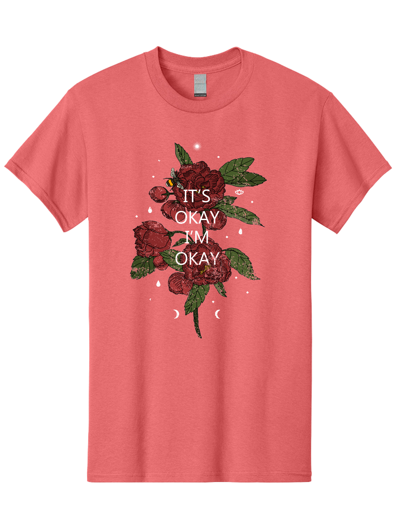 Its Okay Men'S Graphic Tee, 100% Cotton, Comfortable Casual Summer Wear, Machine Washable, Red Roses, Green Leaves, Affirmation Quote, Motivational Phrase, Mental Health Awareness, Self Care, Wellness, Floral Design, Inspirational Art Aae411 17