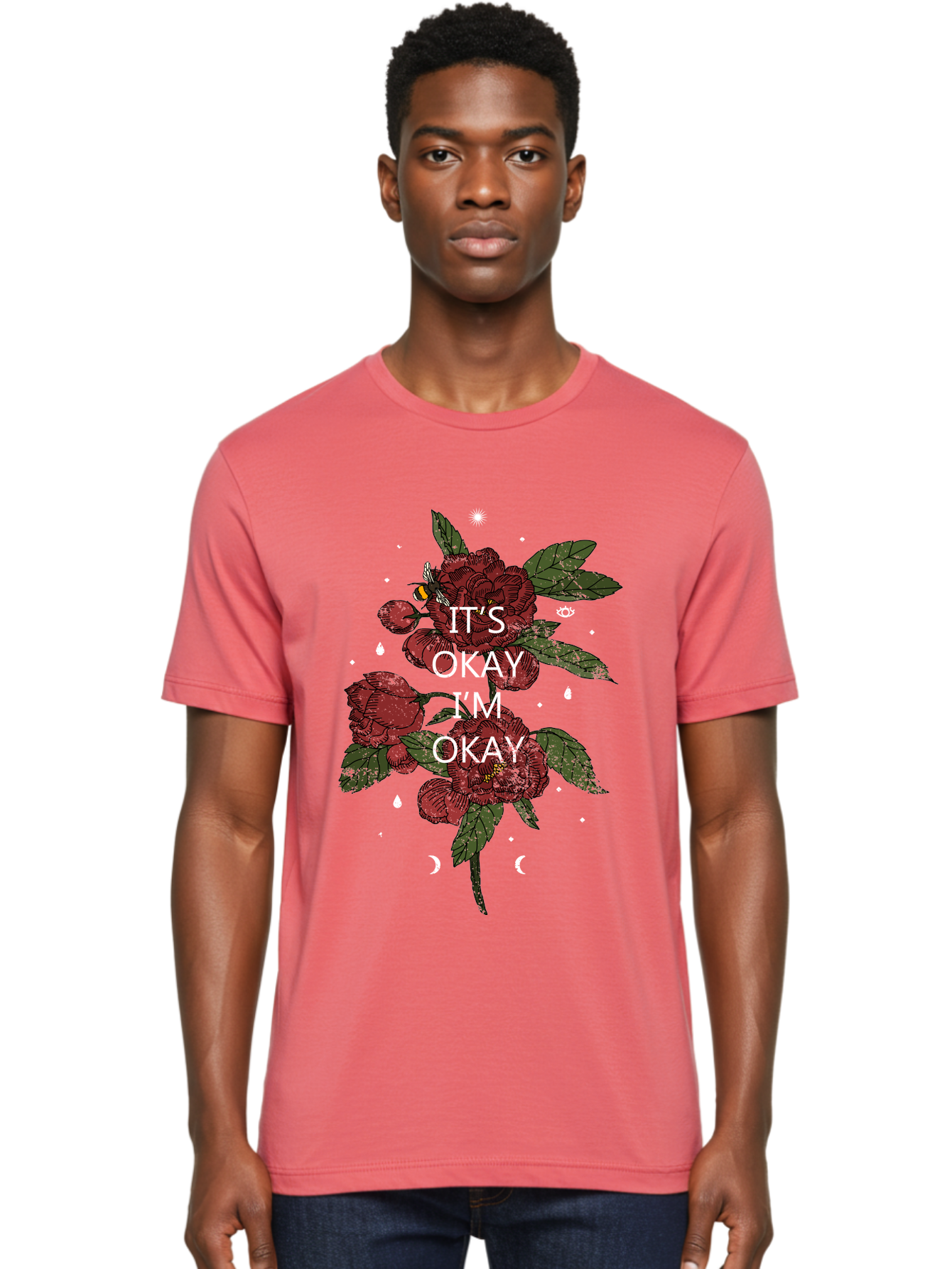 Its Okay Men'S Graphic Tee, 100% Cotton, Comfortable Casual Summer Wear, Machine Washable, Red Roses, Green Leaves, Affirmation Quote, Motivational Phrase, Mental Health Awareness, Self Care, Wellness, Floral Design, Inspirational Art Aae411 18