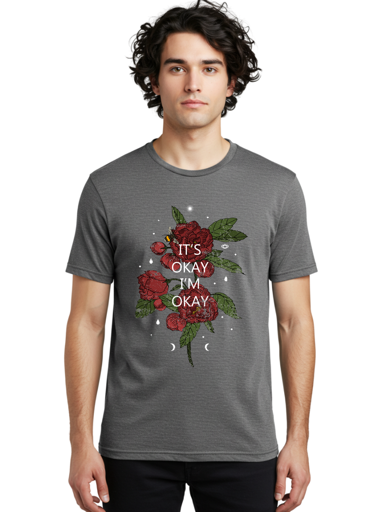 Its Okay Men'S Graphic Tee, 100% Cotton, Comfortable Casual Summer Wear, Machine Washable, Red Roses, Green Leaves, Affirmation Quote, Motivational Phrase, Mental Health Awareness, Self Care, Wellness, Floral Design, Inspirational Art Aae411 26