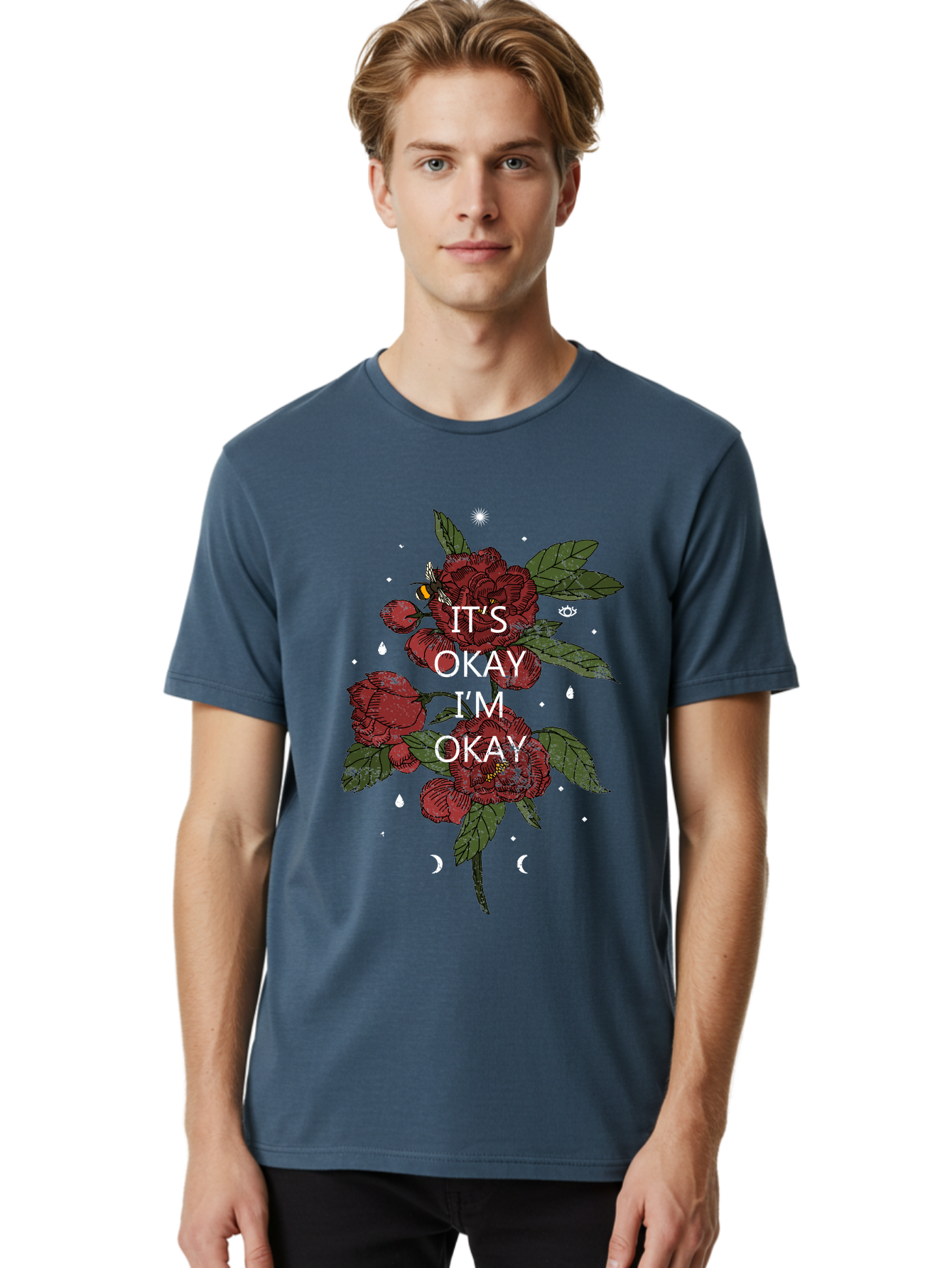 Its Okay Men'S Graphic Tee, 100% Cotton, Comfortable Casual Summer Wear, Machine Washable, Red Roses, Green Leaves, Affirmation Quote, Motivational Phrase, Mental Health Awareness, Self Care, Wellness, Floral Design, Inspirational Art Aae411 12