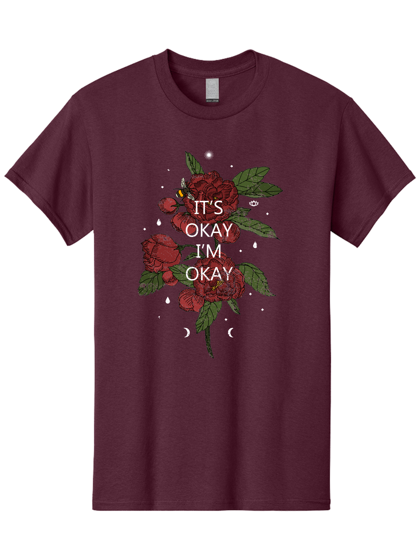 Its Okay Men'S Graphic Tee, 100% Cotton, Comfortable Casual Summer Wear, Machine Washable, Red Roses, Green Leaves, Affirmation Quote, Motivational Phrase, Mental Health Awareness, Self Care, Wellness, Floral Design, Inspirational Art Aae411