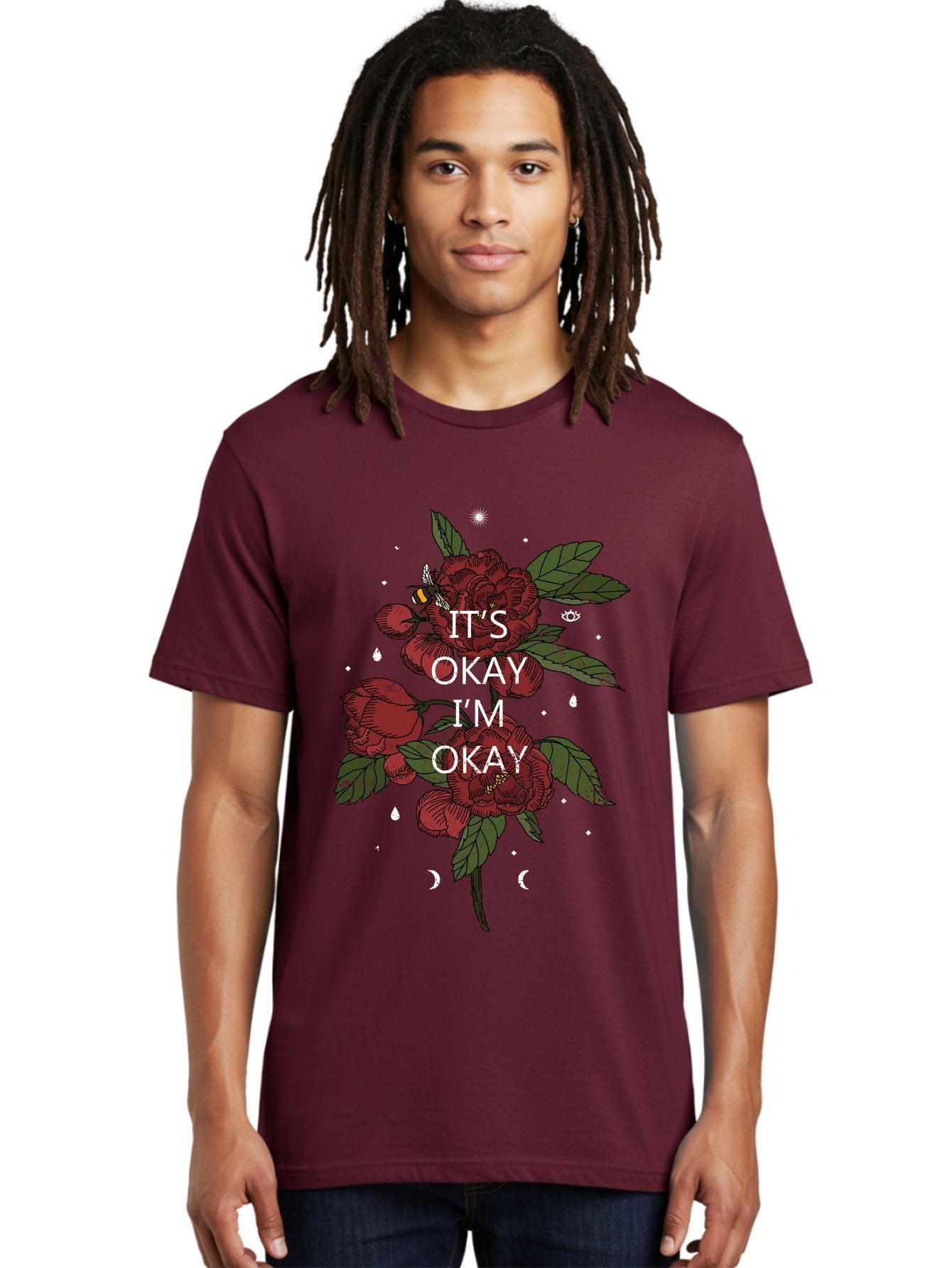 Its Okay Men'S Graphic Tee, 100% Cotton, Comfortable Casual Summer Wear, Machine Washable, Red Roses, Green Leaves, Affirmation Quote, Motivational Phrase, Mental Health Awareness, Self Care, Wellness, Floral Design, Inspirational Art Aae411 29