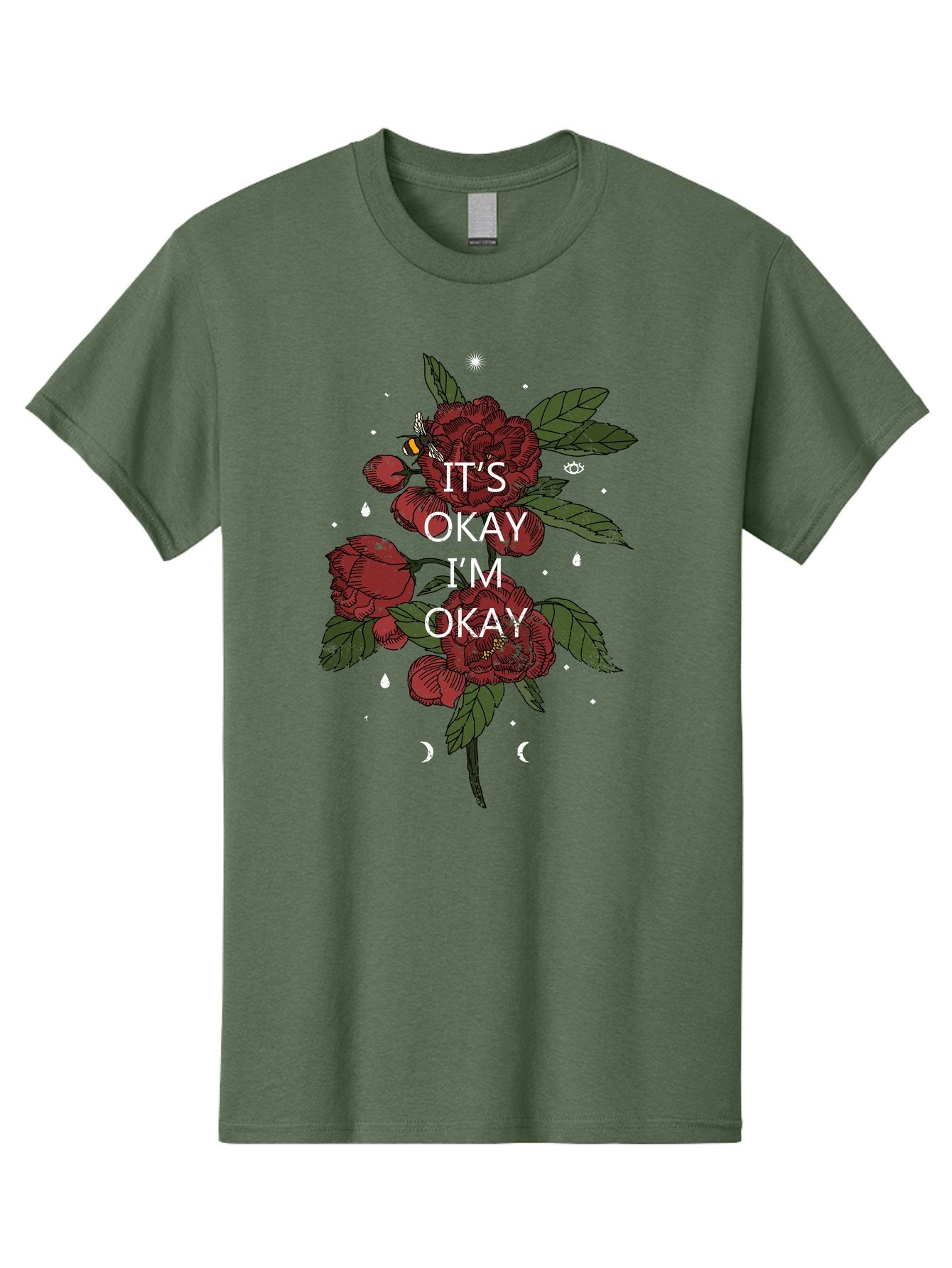 Its Okay Men'S Graphic Tee, 100% Cotton, Comfortable Casual Summer Wear, Machine Washable, Red Roses, Green Leaves, Affirmation Quote, Motivational Phrase, Mental Health Awareness, Self Care, Wellness, Floral Design, Inspirational Art Aae411