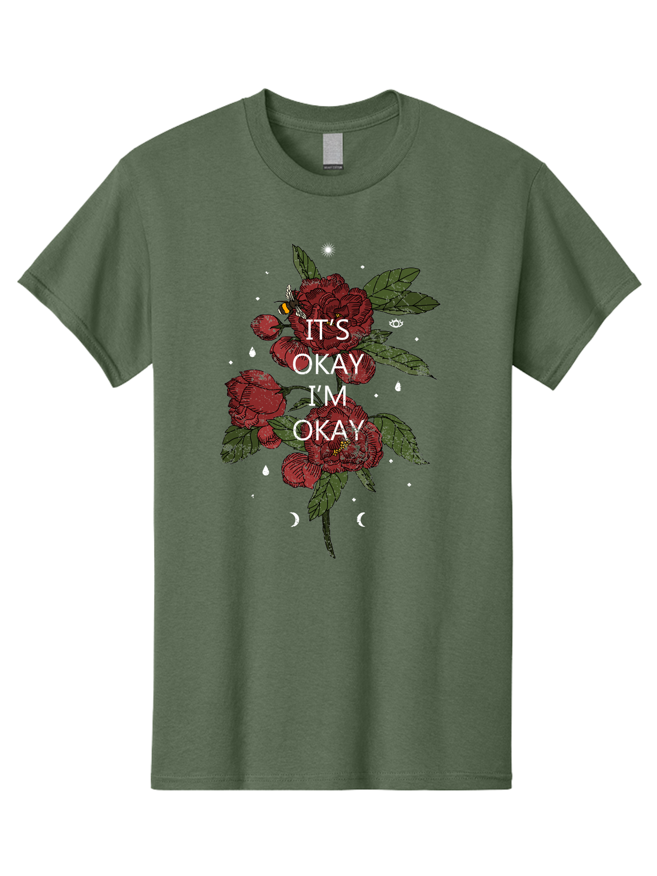 Its Okay Men'S Graphic Tee, 100% Cotton, Comfortable Casual Summer Wear, Machine Washable, Red Roses, Green Leaves, Affirmation Quote, Motivational Phrase, Mental Health Awareness, Self Care, Wellness, Floral Design, Inspirational Art Aae411 29