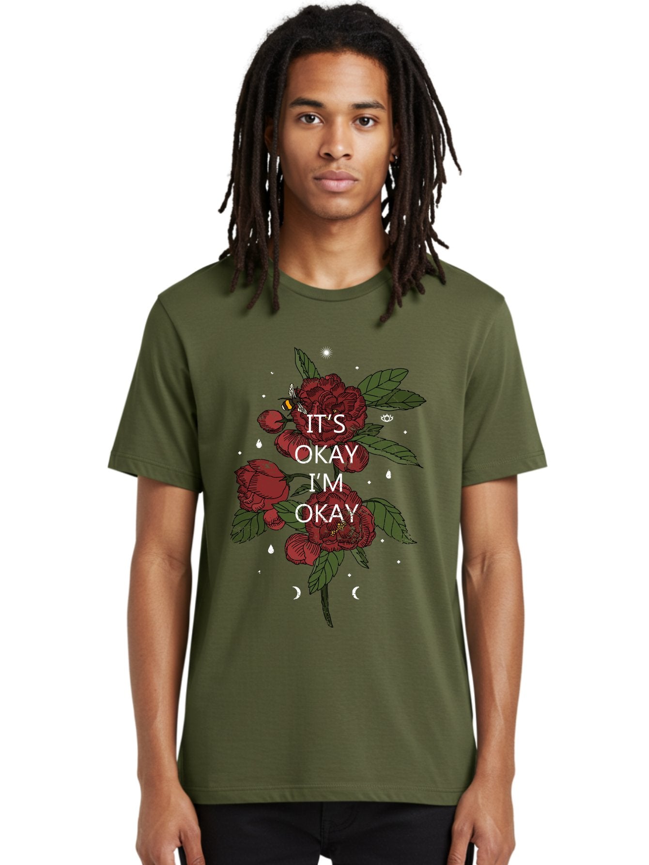 Its Okay Men'S Graphic Tee, 100% Cotton, Comfortable Casual Summer Wear, Machine Washable, Red Roses, Green Leaves, Affirmation Quote, Motivational Phrase, Mental Health Awareness, Self Care, Wellness, Floral Design, Inspirational Art Aae411 21